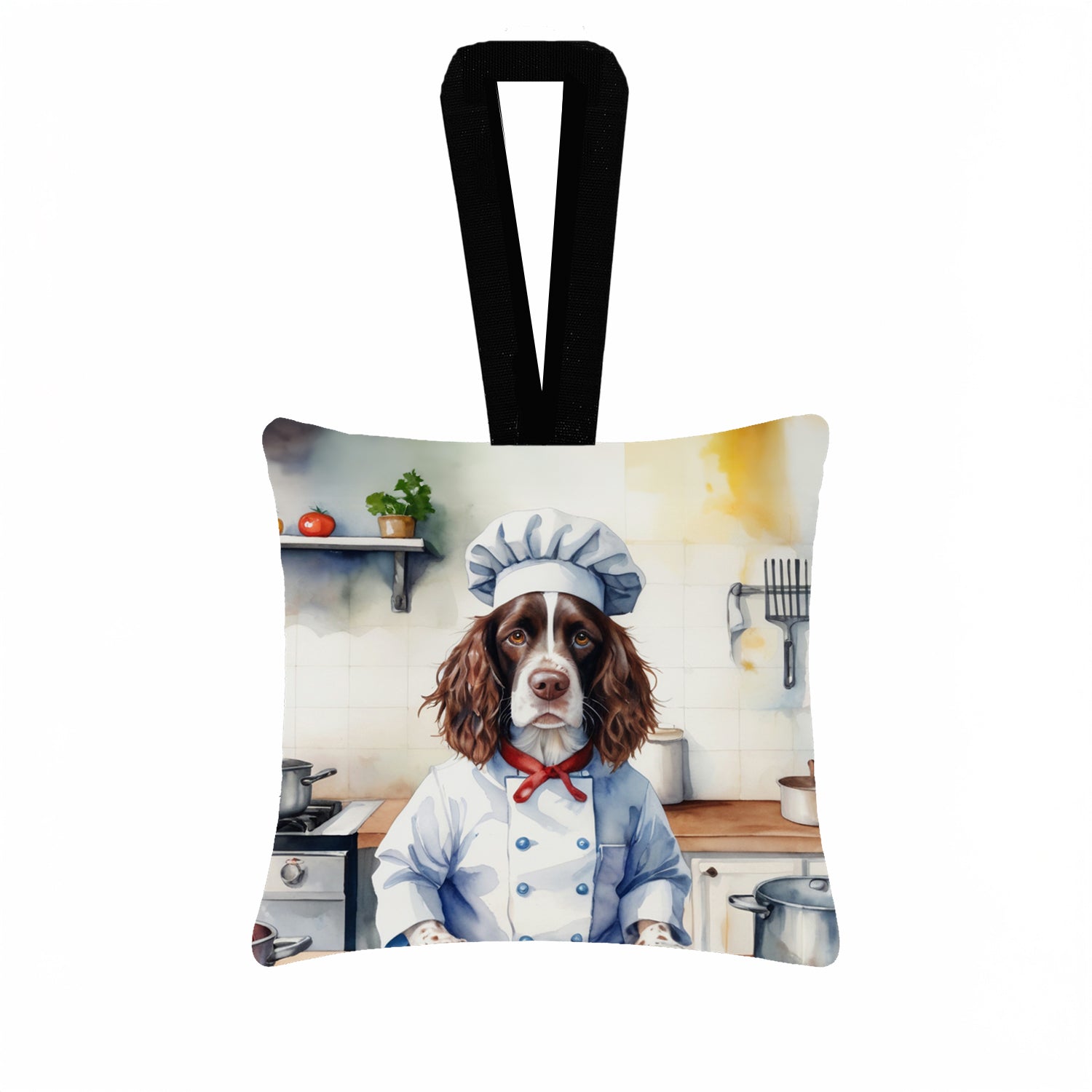 English Springer Spaniel The Chef Hanging Square Fabric Ornament 3.5 × 3.5 Decorative Door-Knob & Tree Hanger, Soft Fabric