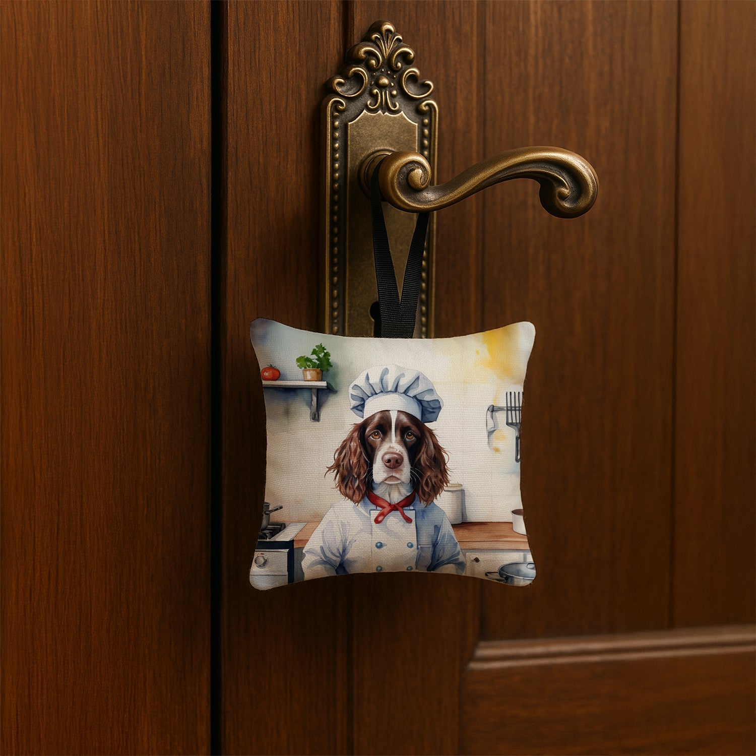 English Springer Spaniel The Chef Hanging Square Fabric Ornament 3.5 × 3.5 Decorative Door-Knob & Tree Hanger, Soft Fabric