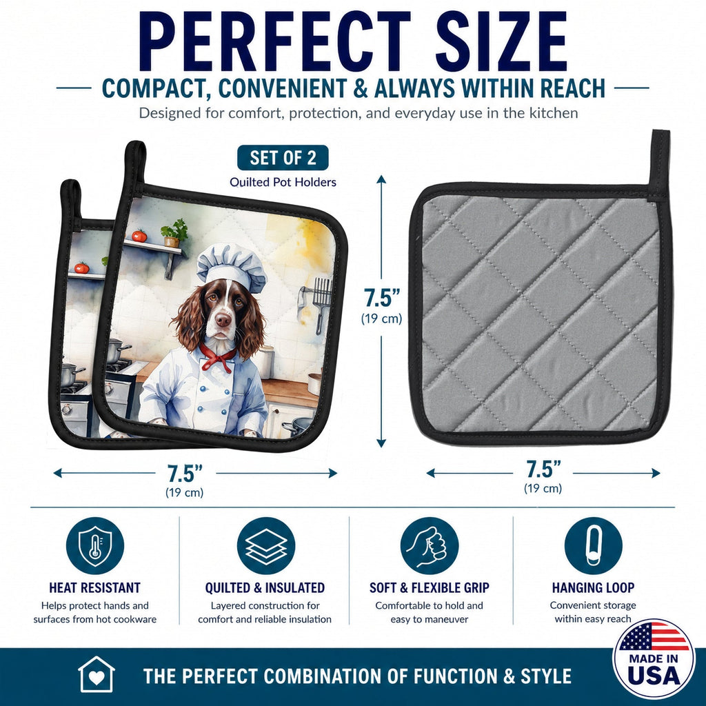 English Springer Spaniel The Chef Pot Holder Set of 2 Heat Resistant Quilted Hot Pads 7.5 x 7.5 Inch, Insulated Kitchen Trivets for Cooking & Baking
