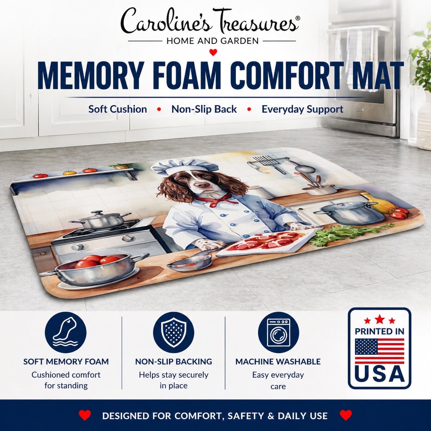 English Springer Spaniel The Chef Memory Foam Kitchen Mat Machine Washable Anti-Fatigue Cushion Comfort Bath or Kitchen Rug