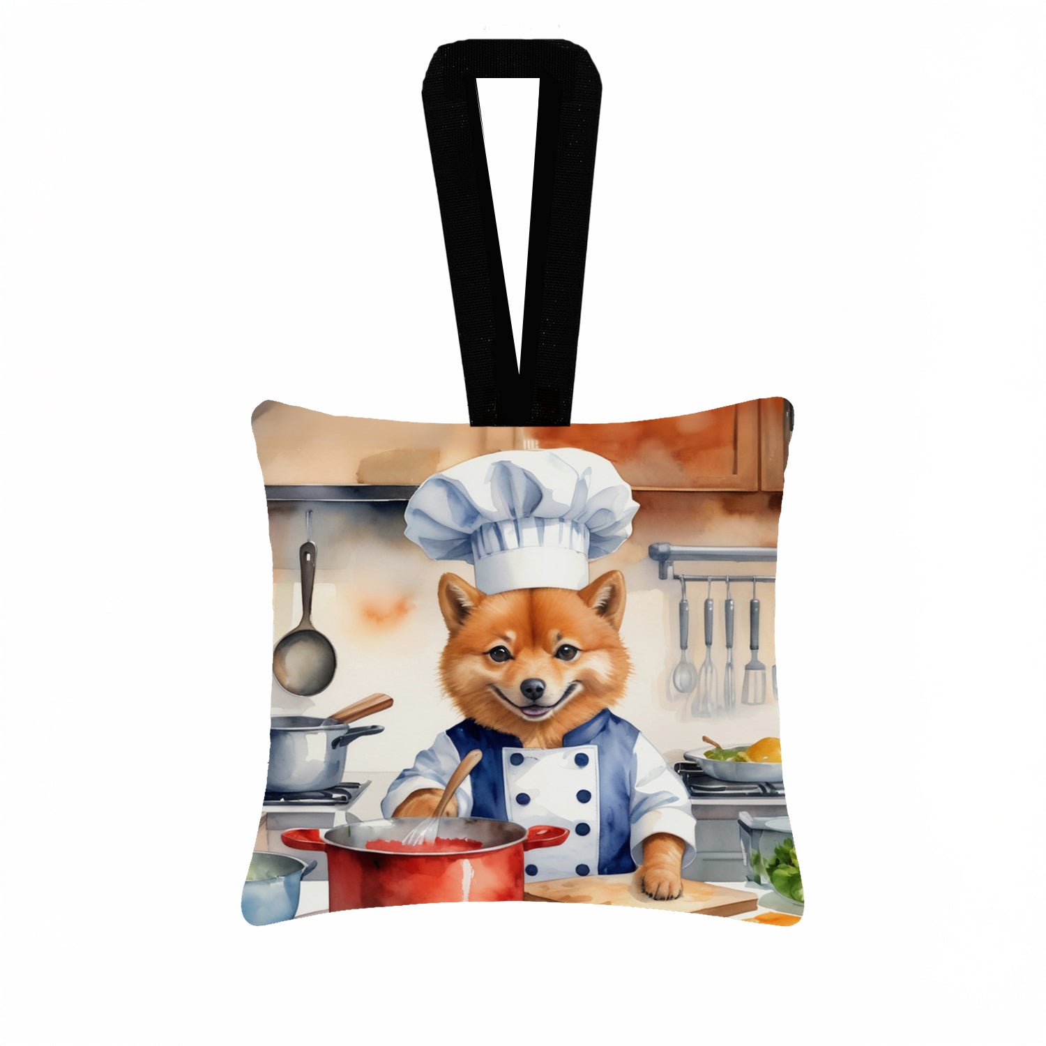 Finnish Spitz The Chef Hanging Square Fabric Ornament 3.5 × 3.5 Decorative Door-Knob & Tree Hanger, Soft Fabric