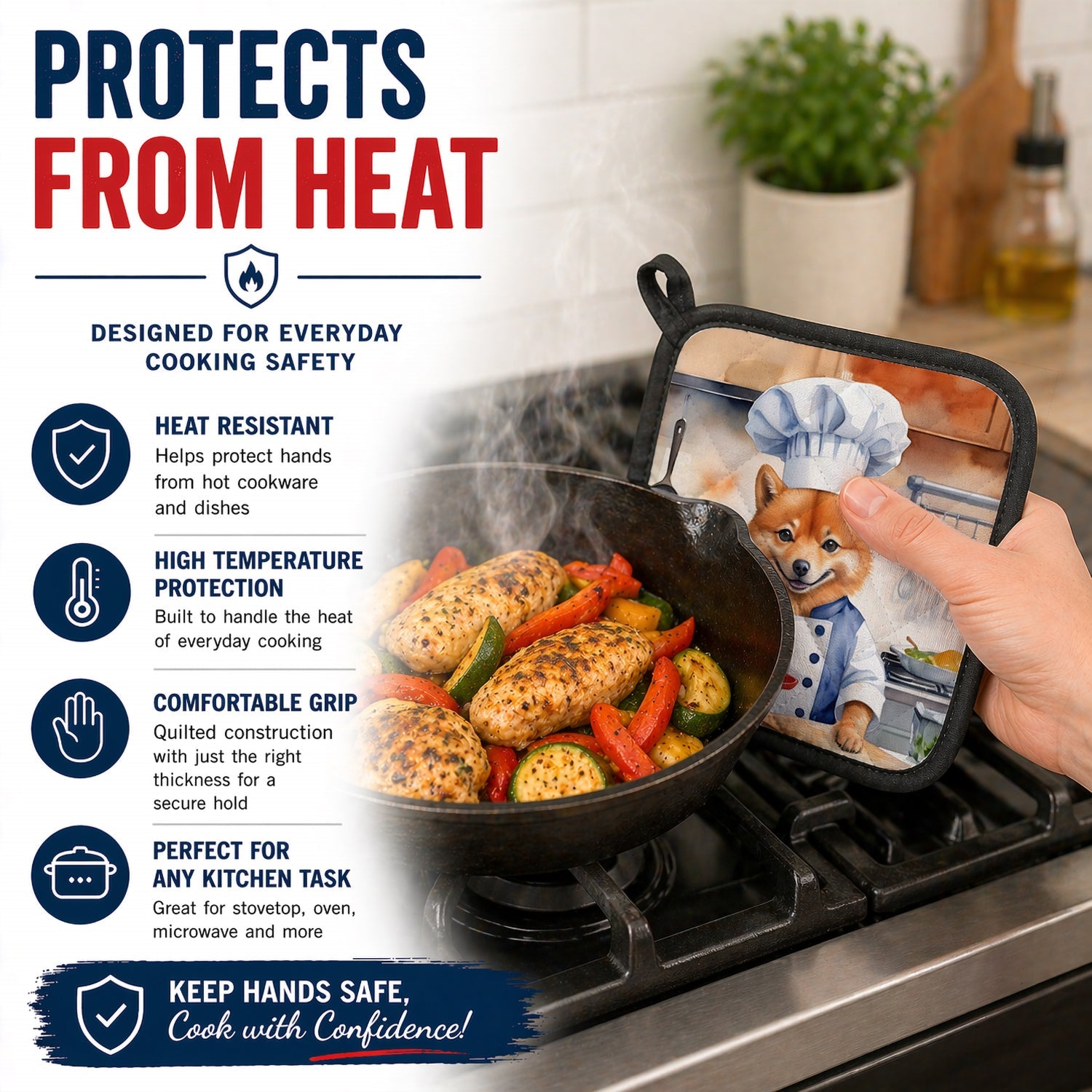 Finnish Spitz The Chef Pot Holder Set of 2 Heat Resistant Quilted Hot Pads 7.5 x 7.5 Inch, Insulated Kitchen Trivets for Cooking & Baking
