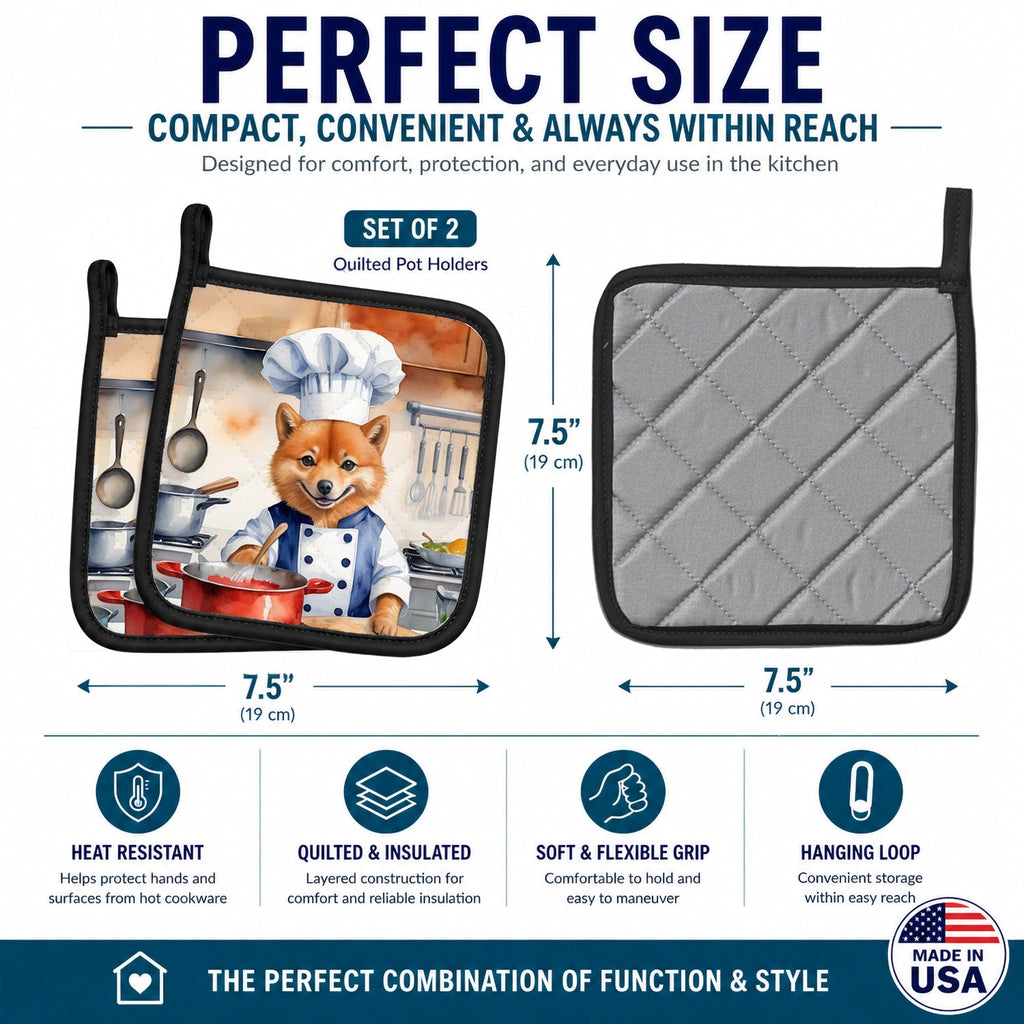 Finnish Spitz The Chef Pot Holder Set of 2 Heat Resistant Quilted Hot Pads 7.5 x 7.5 Inch, Insulated Kitchen Trivets for Cooking & Baking
