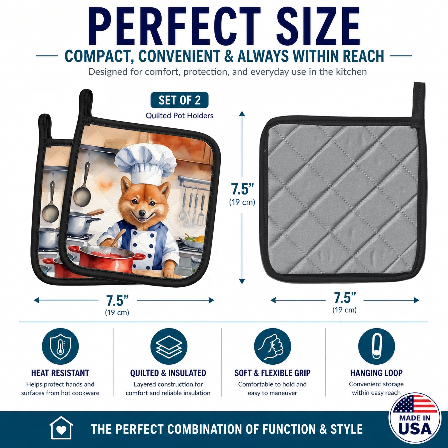 Finnish Spitz The Chef Pot Holder Set of 2 Heat Resistant Quilted Hot Pads 7.5 x 7.5 Inch, Insulated Kitchen Trivets for Cooking & Baking