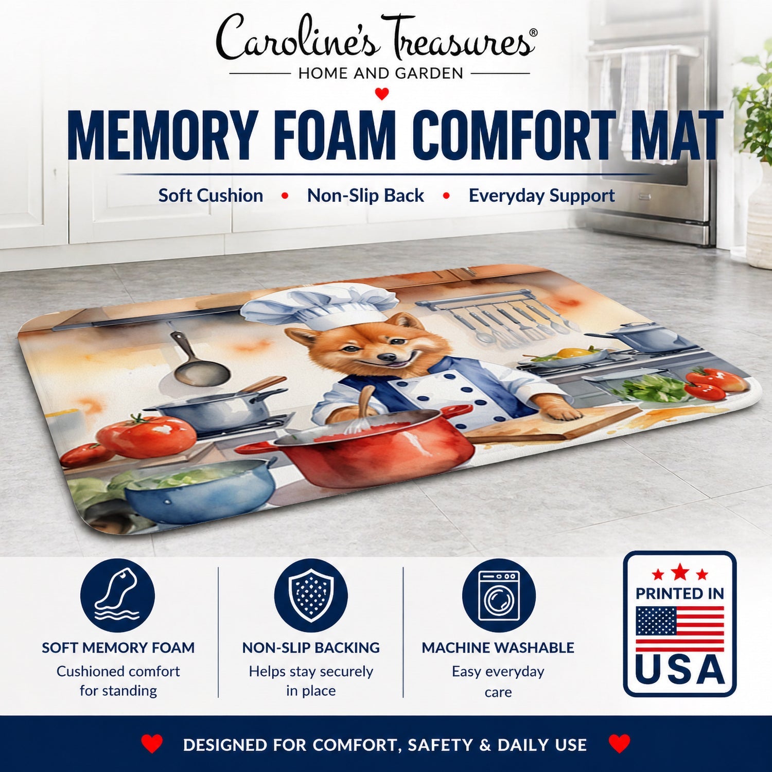 Finnish Spitz The Chef Memory Foam Kitchen Mat Machine Washable Anti-Fatigue Cushion Comfort Bath or Kitchen Rug