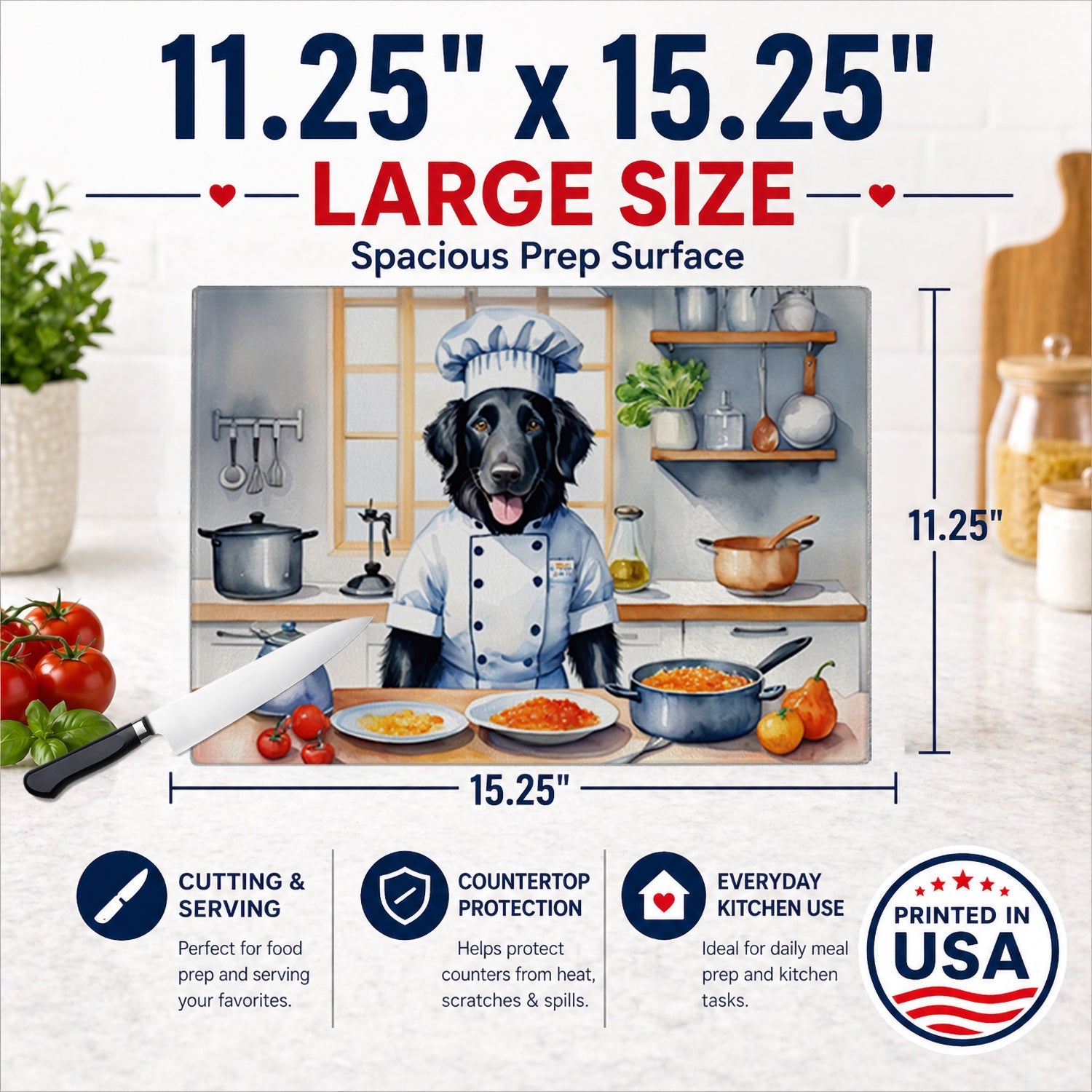 Flat-Coated Retriever The Chef Cutting Board Tempered Glass Kitchen Cutting Surface, Heat Resistant Chopping, Non-Slip Feet, Food Prep & Serving