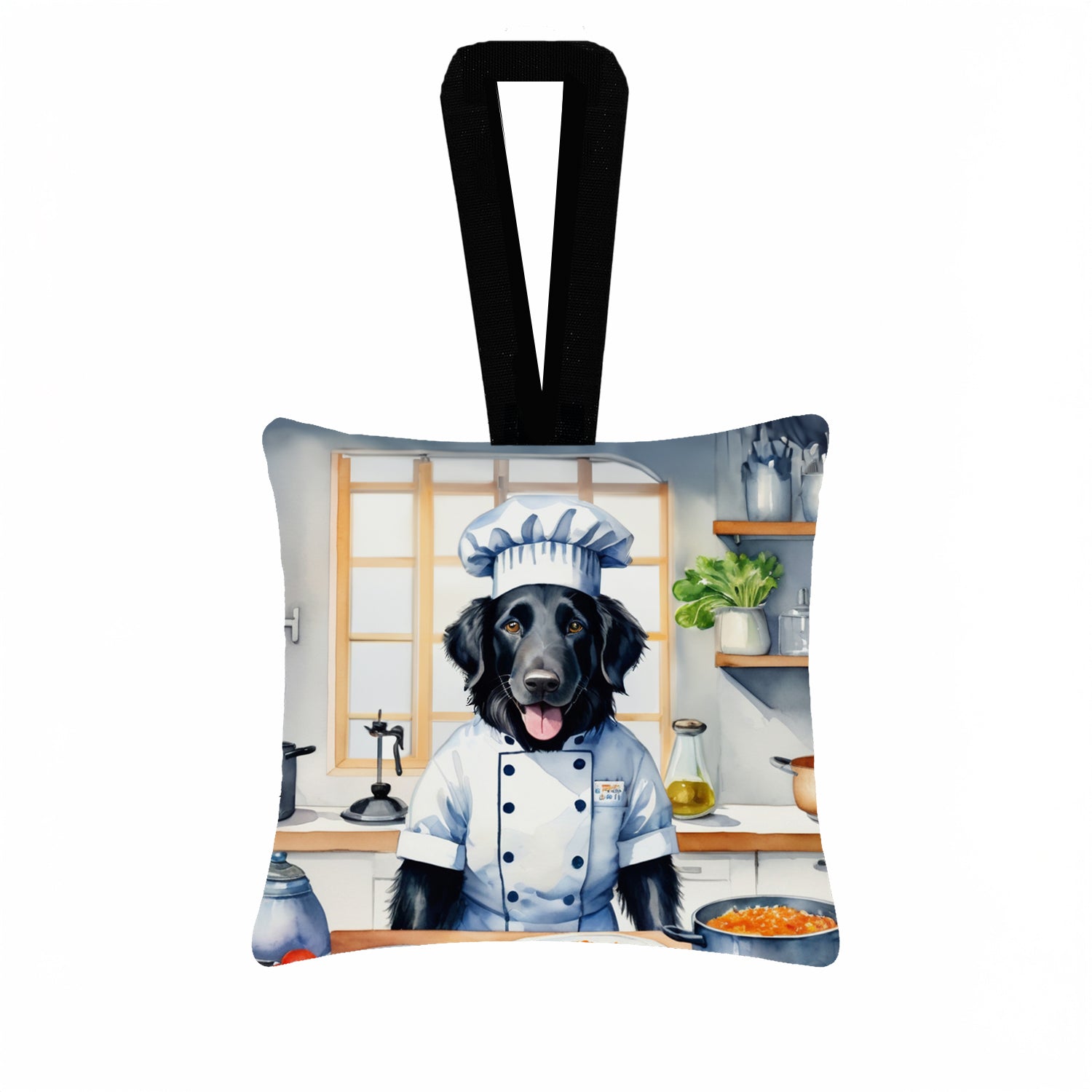 Flat-Coated Retriever The Chef Hanging Square Fabric Ornament 3.5 × 3.5 Decorative Door-Knob & Tree Hanger, Soft Fabric
