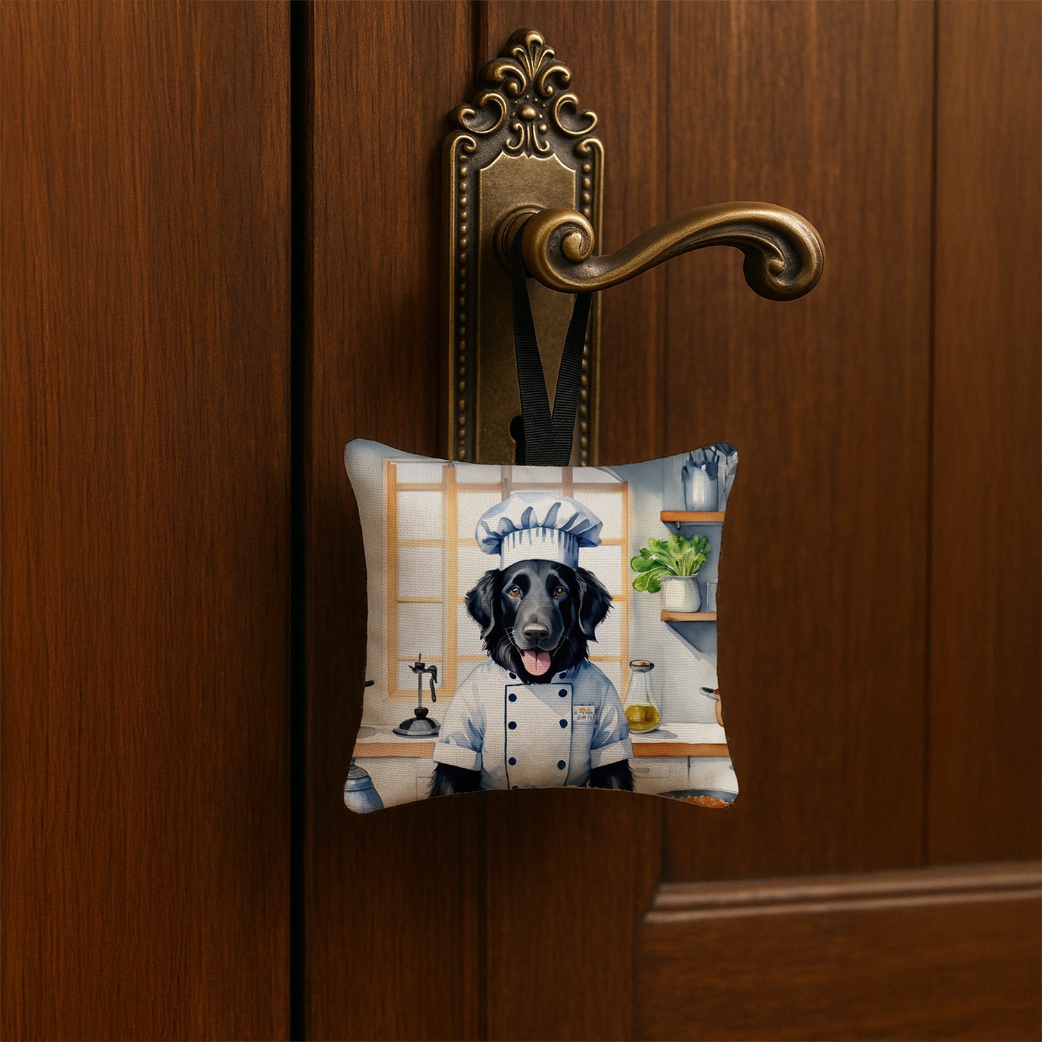 Flat-Coated Retriever The Chef Hanging Square Fabric Ornament 3.5 × 3.5 Decorative Door-Knob & Tree Hanger, Soft Fabric