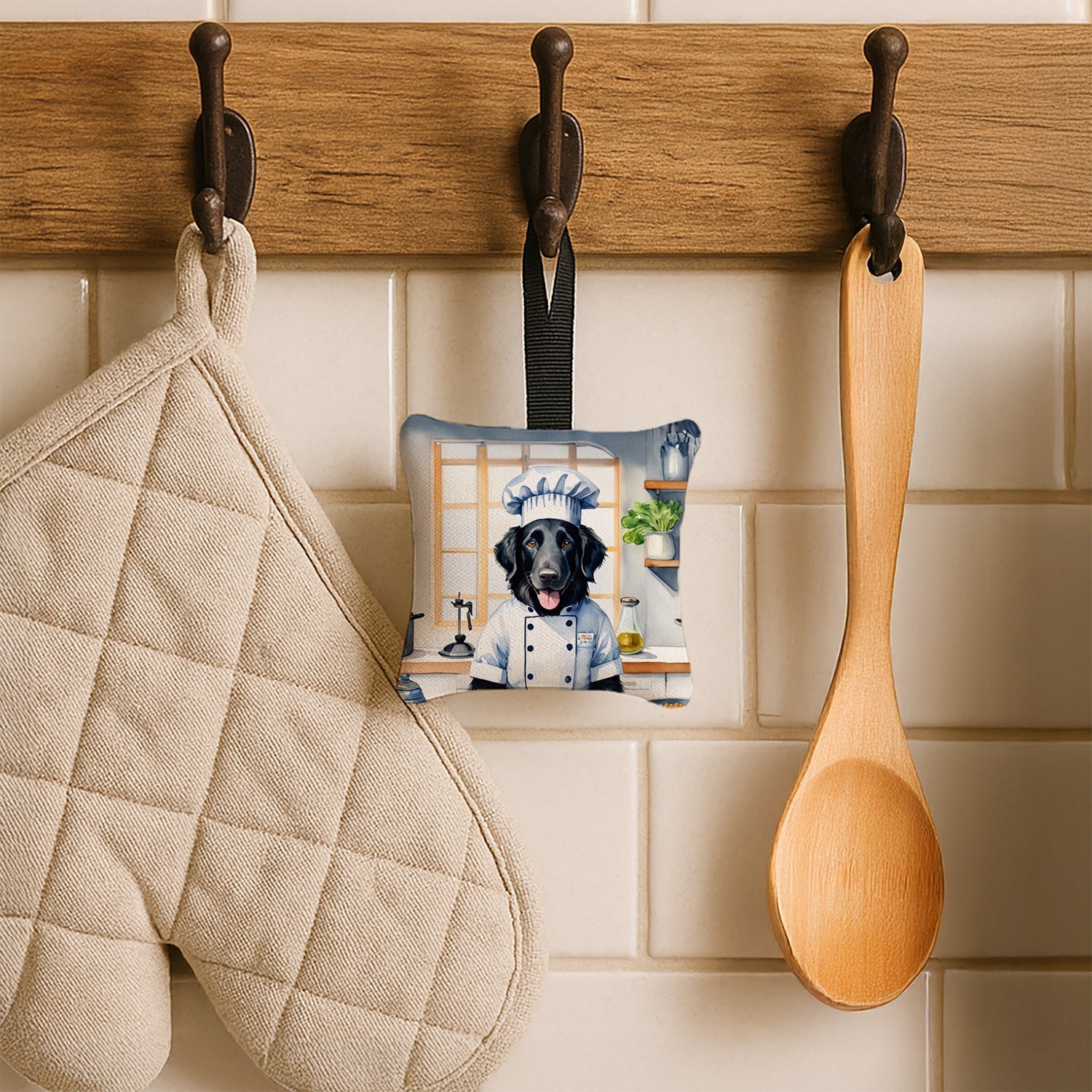 Flat-Coated Retriever The Chef Hanging Square Fabric Ornament 3.5 × 3.5 Decorative Door-Knob & Tree Hanger, Soft Fabric