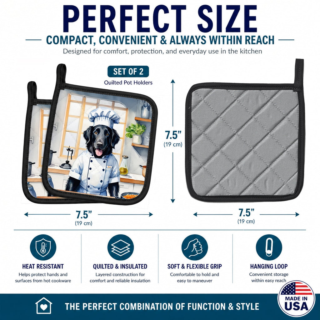 Flat-Coated Retriever The Chef Pot Holder Set of 2 Heat Resistant Quilted Hot Pads 7.5 x 7.5 Inch, Insulated Kitchen Trivets for Cooking & Baking