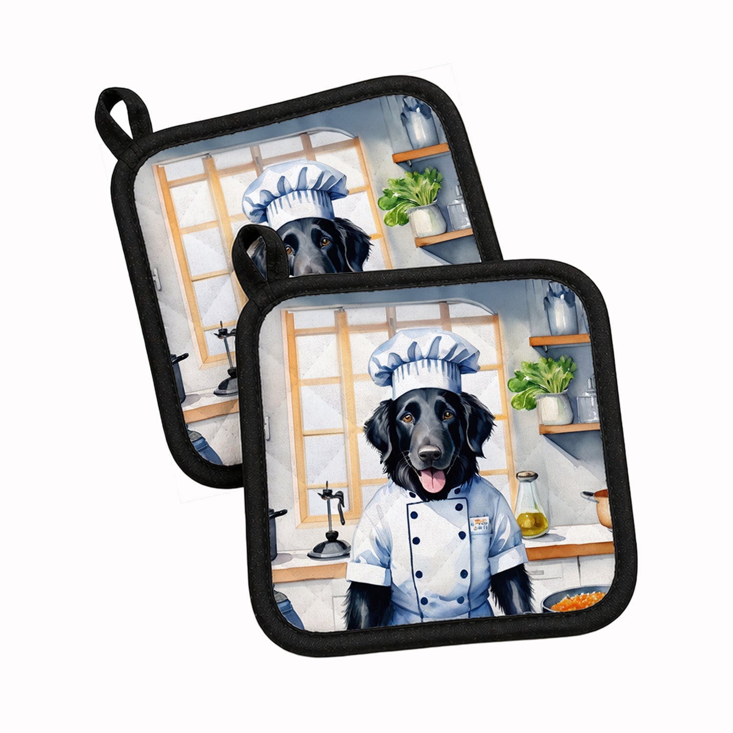 Flat-Coated Retriever The Chef Pot Holder Set of 2 Heat Resistant Quilted Hot Pads 7.5 x 7.5 Inch, Insulated Kitchen Trivets for Cooking & Baking
