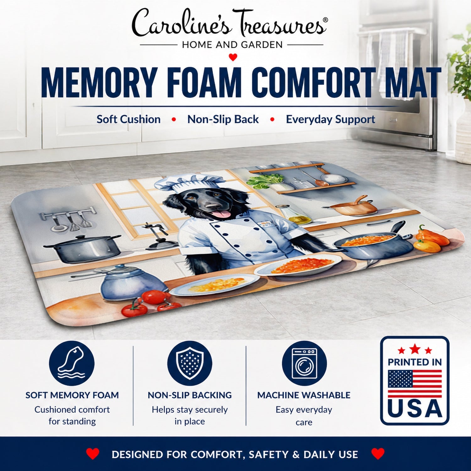 Flat-Coated Retriever The Chef Memory Foam Kitchen Mat Machine Washable Anti-Fatigue Cushion Comfort Bath or Kitchen Rug