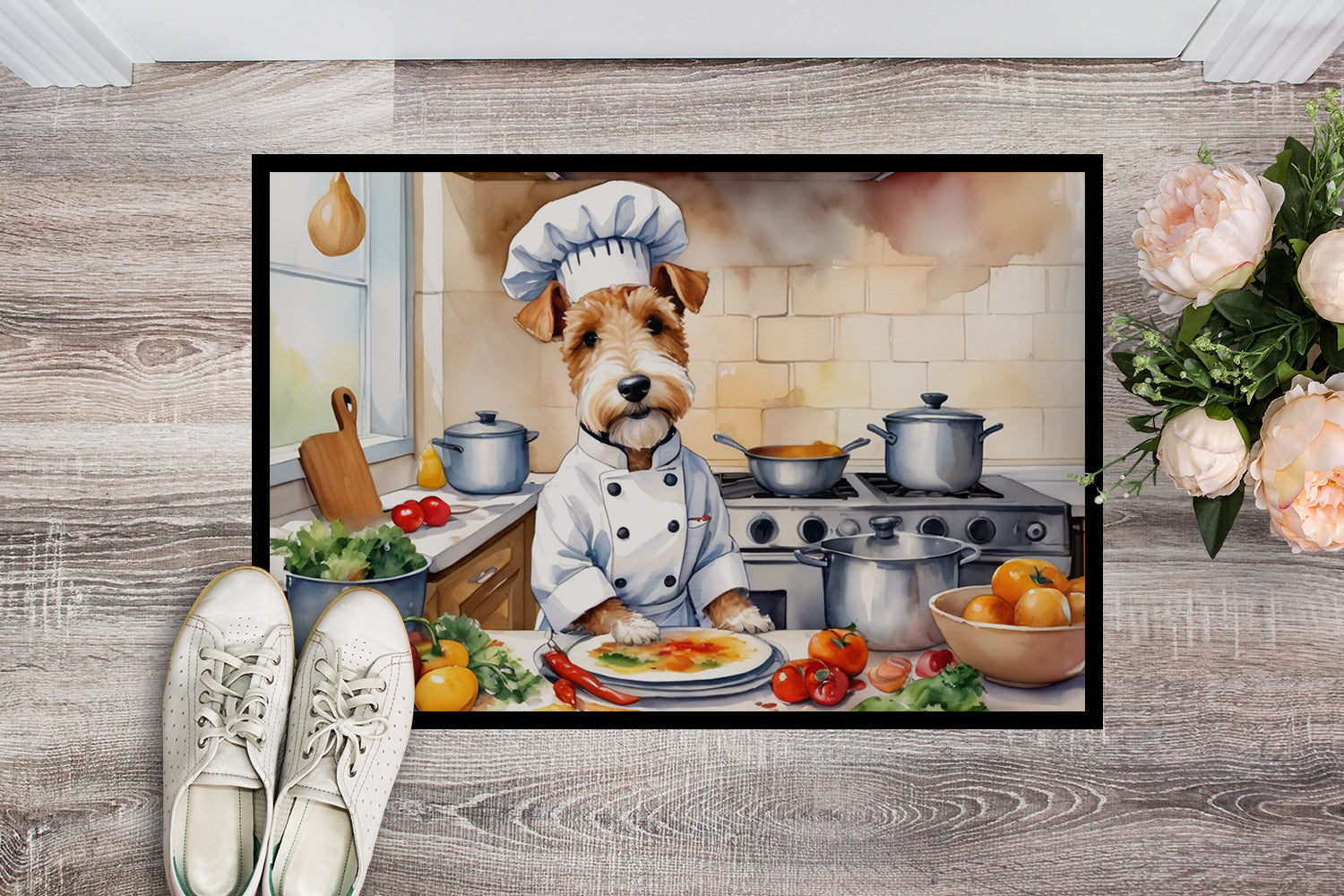 Fox Terrier The Chef Doormat Indoor Outdoor 24H X 36W Front Door Mat Rugs for Entryway, Non Slip Washable Low Pile,