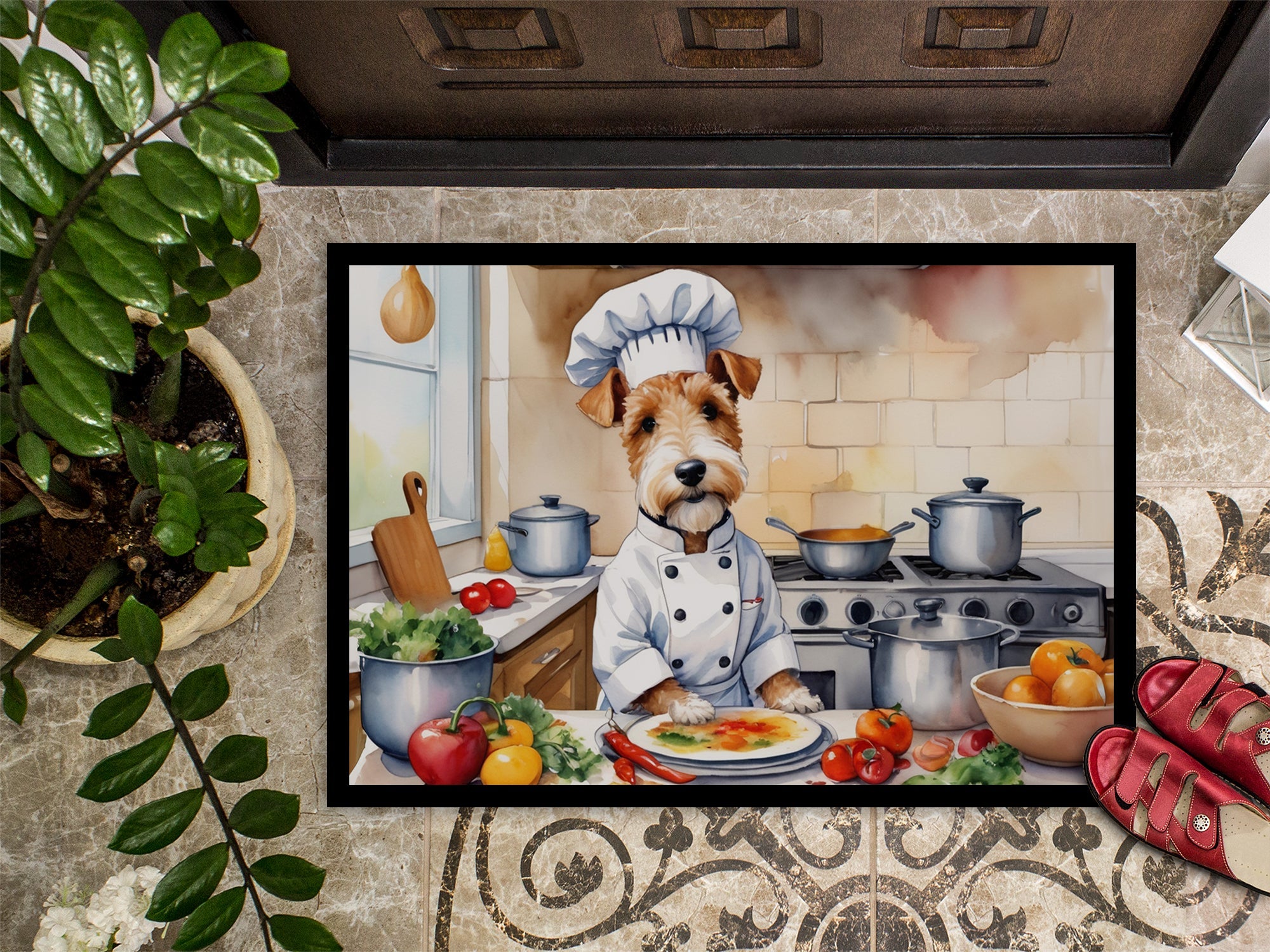 Fox Terrier The Chef Doormat Indoor Outdoor 24H X 36W Front Door Mat Rugs for Entryway, Non Slip Washable Low Pile,