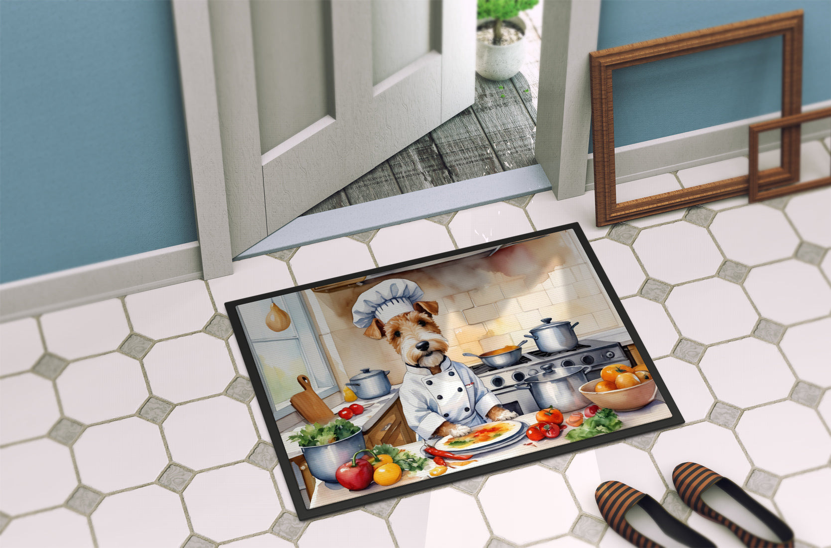 Fox Terrier The Chef Doormat Indoor Outdoor 18H X 27W Front Door Mat Rugs for Entryway, Non Slip Washable