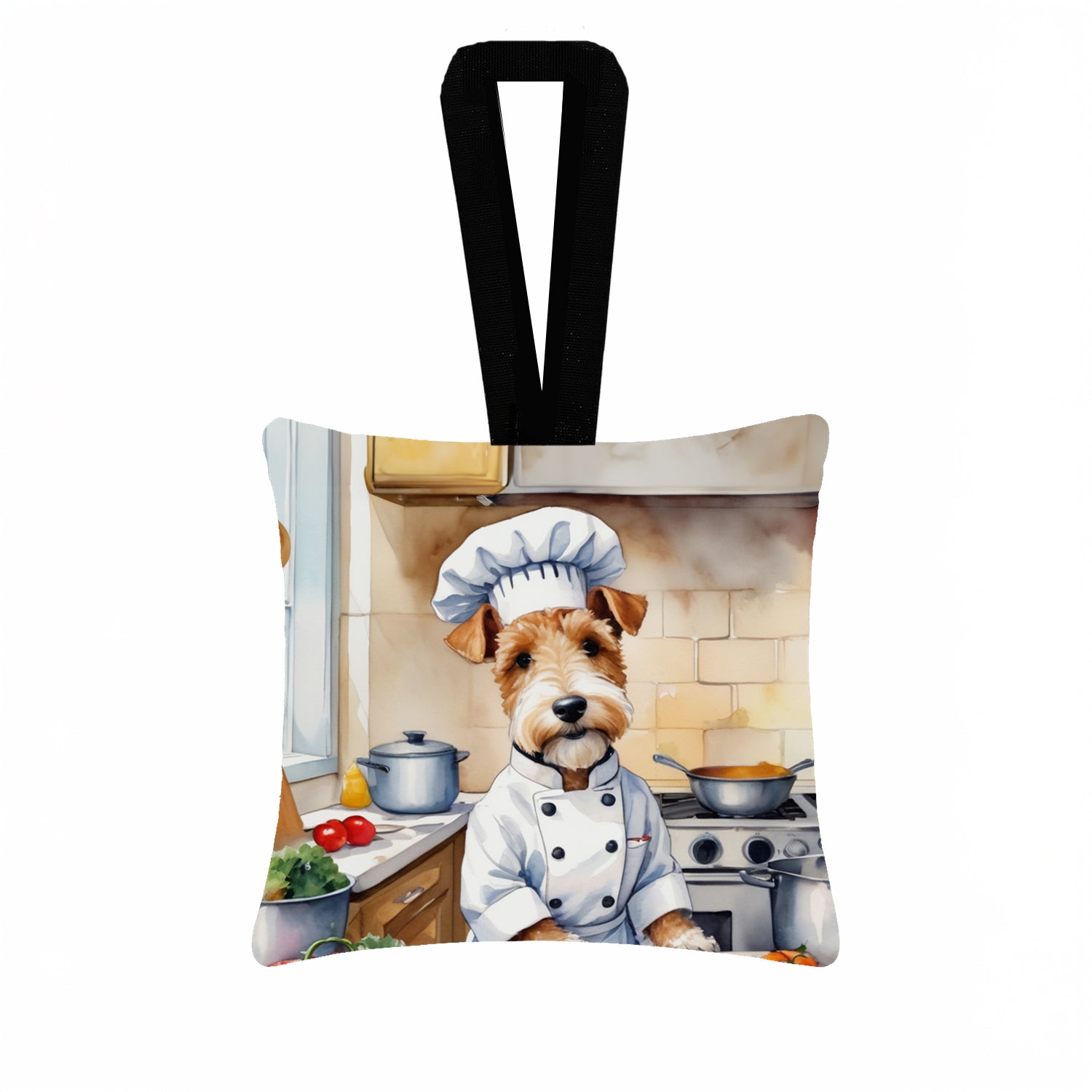 Fox Terrier The Chef Hanging Square Fabric Ornament 3.5 × 3.5 Decorative Door-Knob & Tree Hanger, Soft Fabric