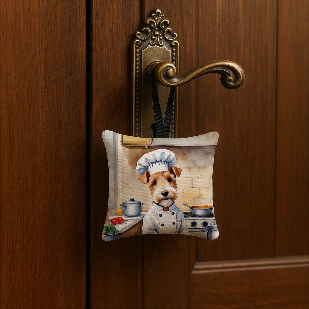 Fox Terrier The Chef Hanging Square Fabric Ornament 3.5 × 3.5 Decorative Door-Knob & Tree Hanger, Soft Fabric