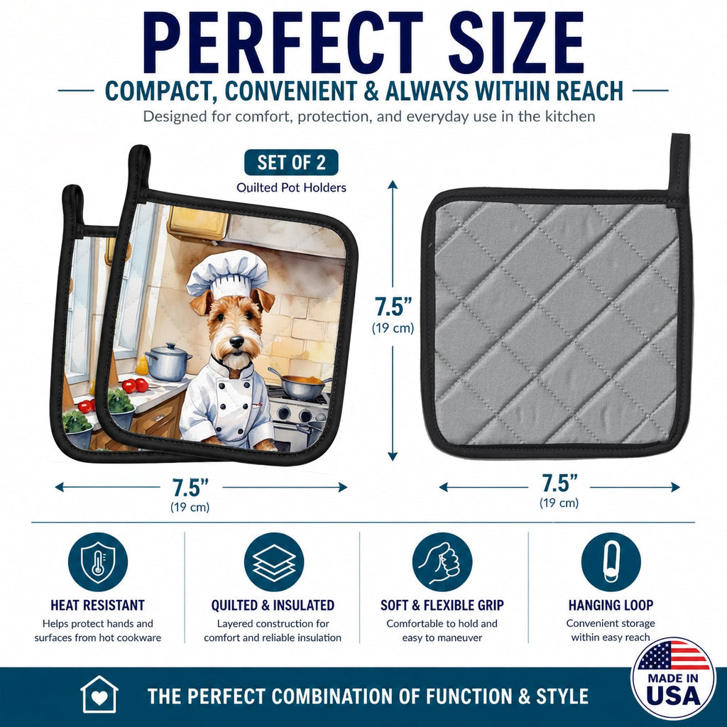 Fox Terrier The Chef Pot Holder Set of 2 Heat Resistant Quilted Hot Pads 7.5 x 7.5 Inch, Insulated Kitchen Trivets for Cooking & Baking