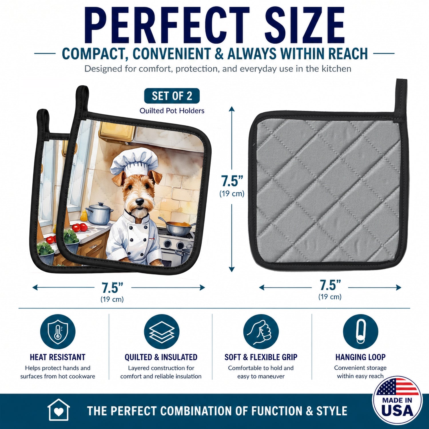 Fox Terrier The Chef Pot Holder Set of 2 Heat Resistant Quilted Hot Pads 7.5 x 7.5 Inch, Insulated Kitchen Trivets for Cooking & Baking