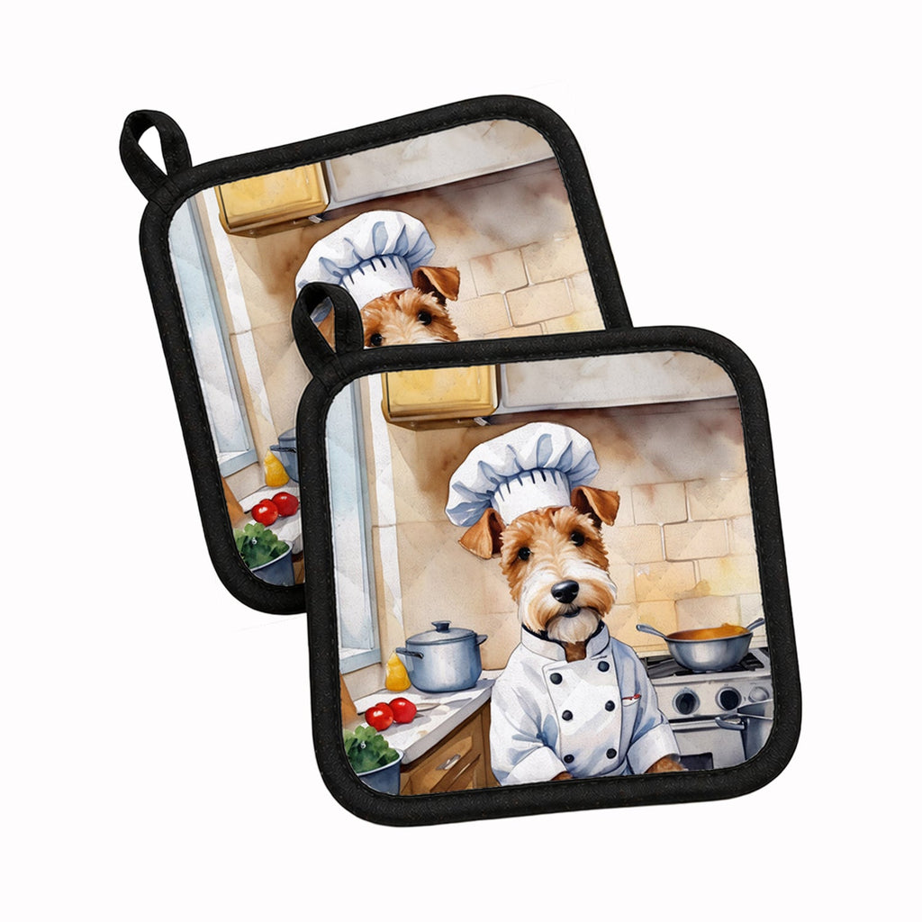 Fox Terrier The Chef Pot Holder Set of 2 Heat Resistant Quilted Hot Pads 7.5 x 7.5 Inch, Insulated Kitchen Trivets for Cooking & Baking
