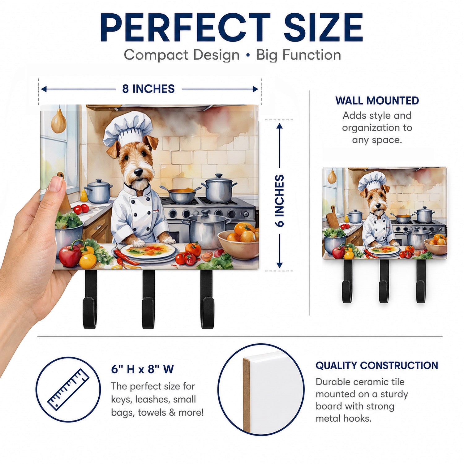 Fox Terrier The Chef Leash or Key Holder Wall Hooks, Coat Rack Wall Mount, for Hanging Keys, Towels, Aprons, Leashes
