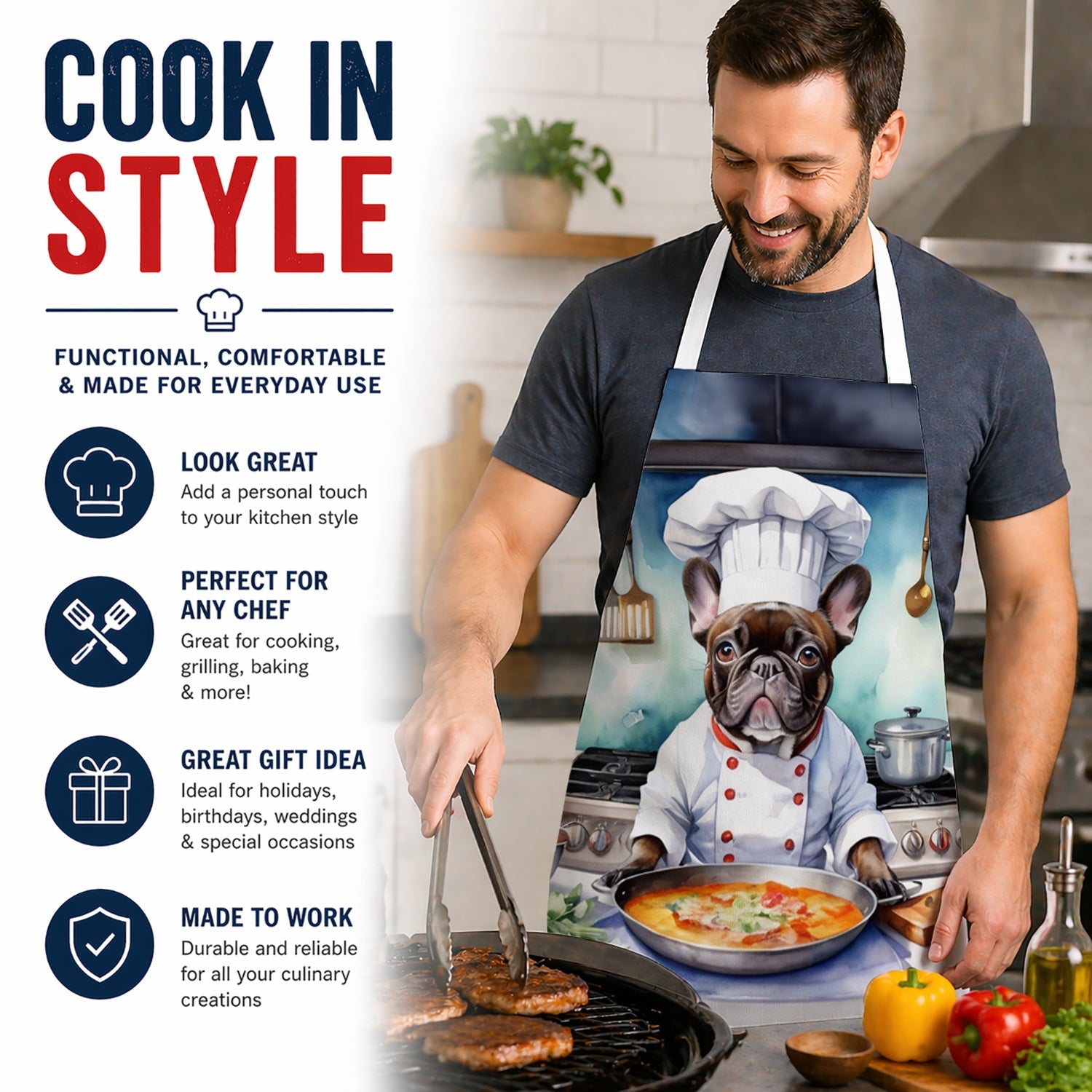 French Bulldog The Chef Apron Cooking Kitchen Server Baking Crafts Gardening for Adult Women Men, Unisex, Large, Multicolor