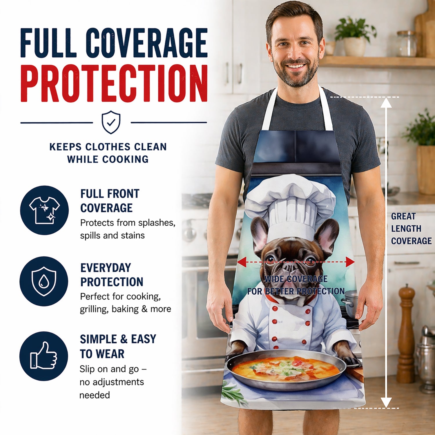 French Bulldog The Chef Apron Cooking Kitchen Server Baking Crafts Gardening for Adult Women Men, Unisex, Large, Multicolor