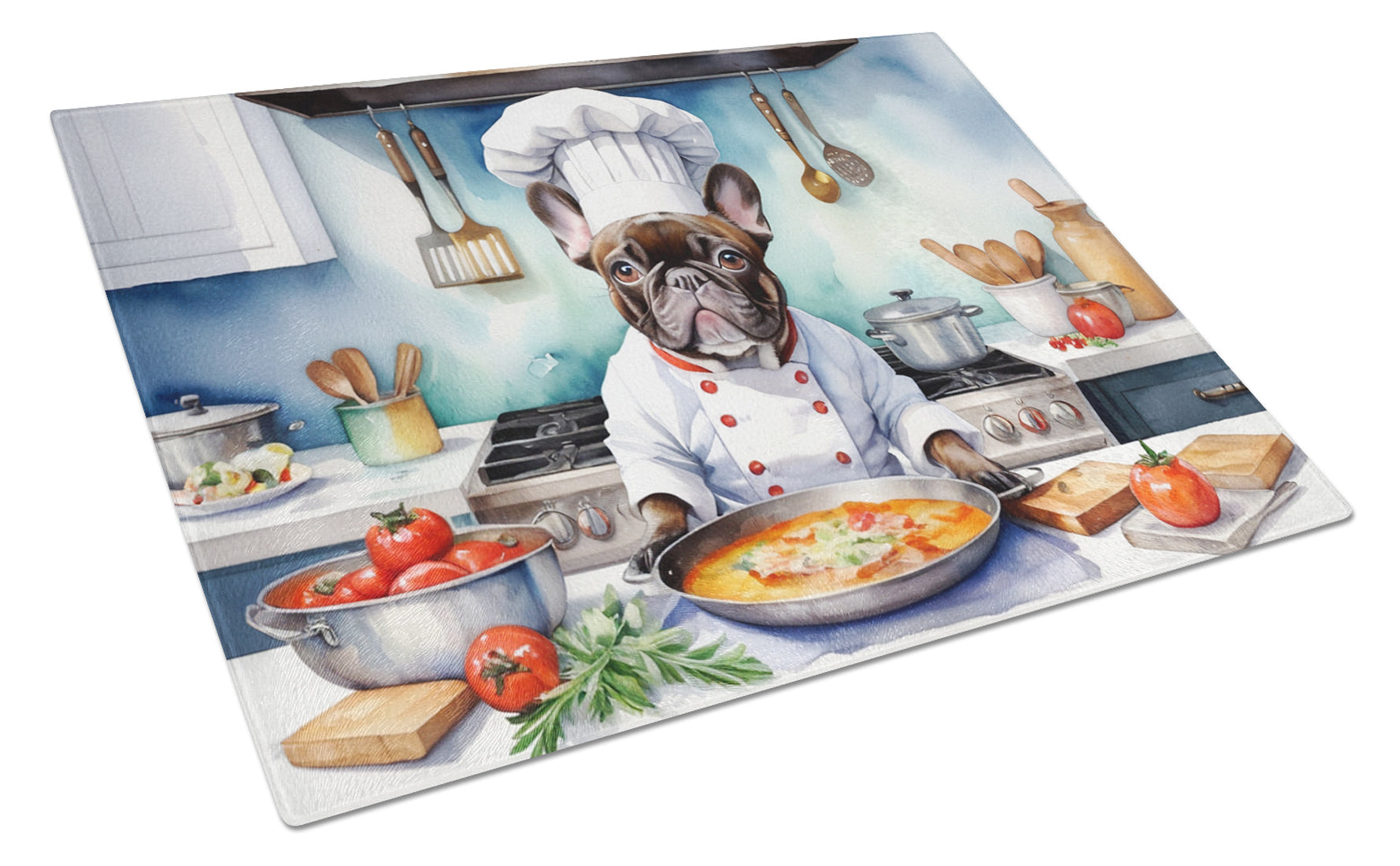 French Bulldog The Chef Cutting Board Tempered Glass Kitchen Cutting Surface, Heat Resistant Chopping, Non-Slip Feet, Food Prep & Serving