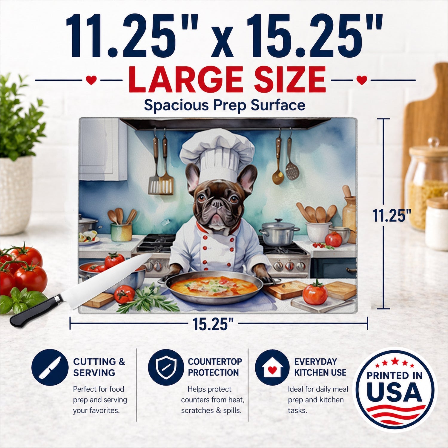 French Bulldog The Chef Cutting Board Tempered Glass Kitchen Cutting Surface, Heat Resistant Chopping, Non-Slip Feet, Food Prep & Serving