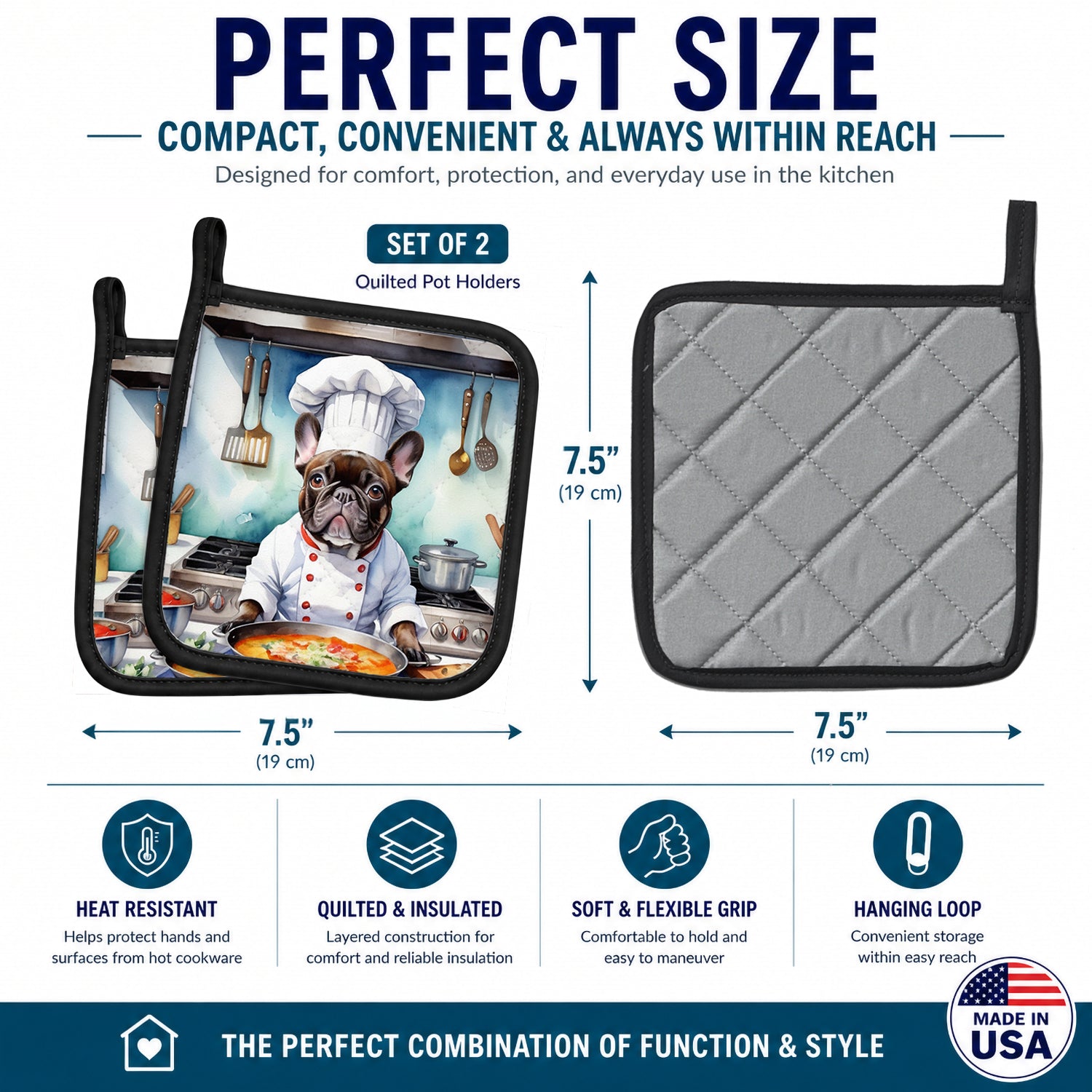 French Bulldog The Chef Pot Holder Set of 2 Heat Resistant Quilted Hot Pads 7.5 x 7.5 Inch, Insulated Kitchen Trivets for Cooking & Baking