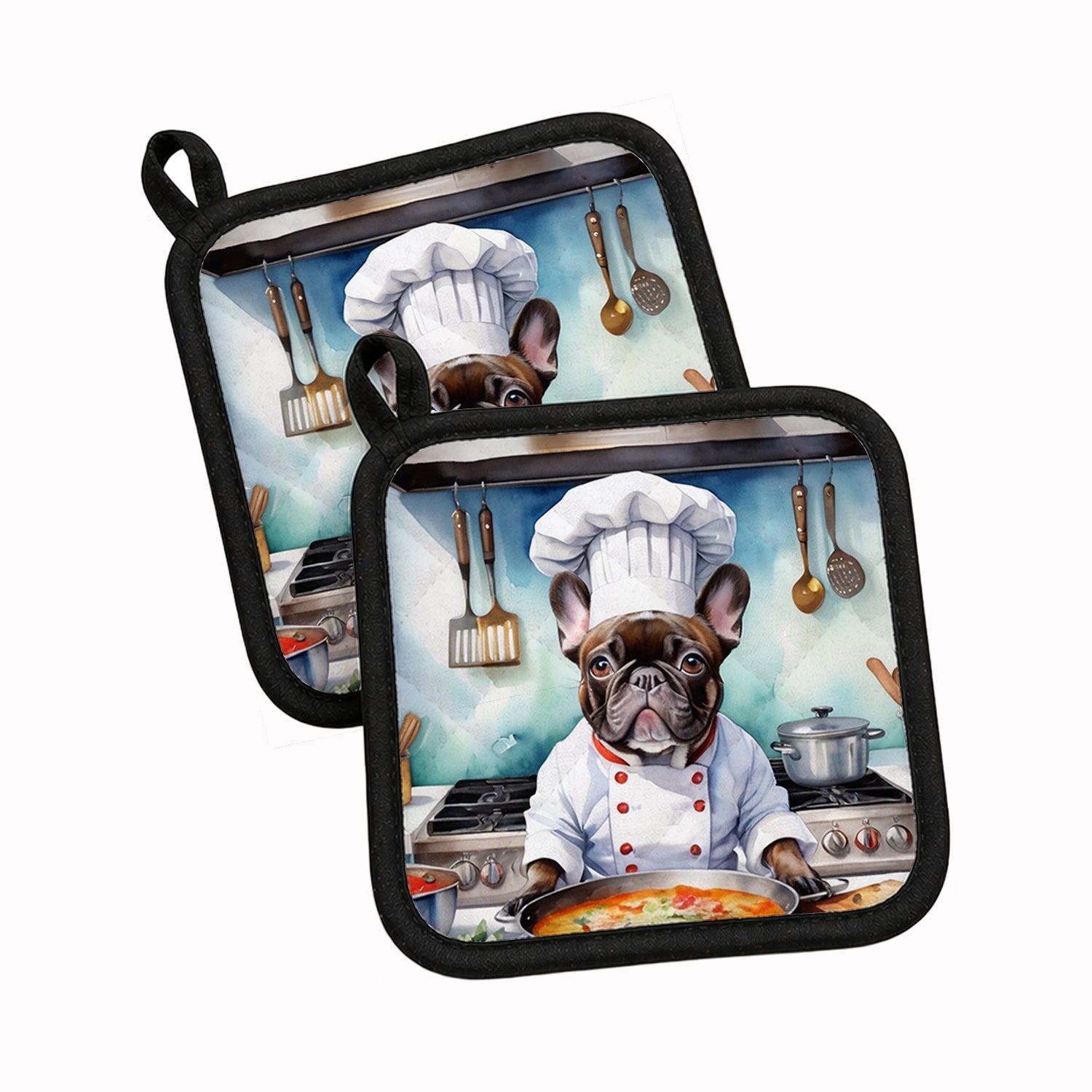 French Bulldog The Chef Pot Holder Set of 2 Heat Resistant Quilted Hot Pads 7.5 x 7.5 Inch, Insulated Kitchen Trivets for Cooking & Baking