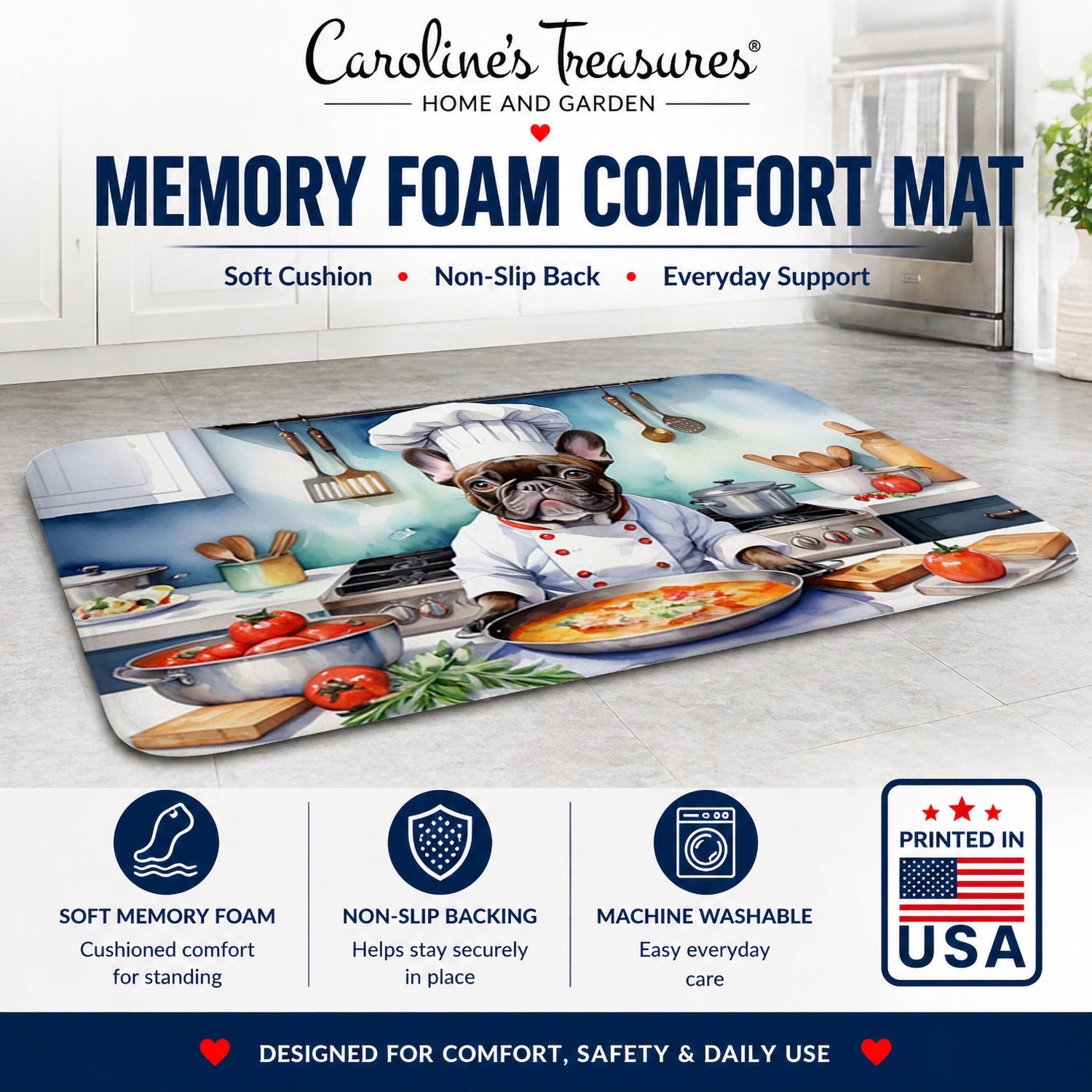 French Bulldog The Chef Memory Foam Kitchen Mat Machine Washable Anti-Fatigue Cushion Comfort Bath or Kitchen Rug