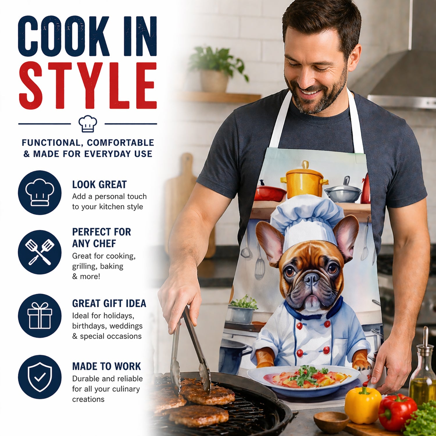 French Bulldog The Chef Apron Cooking Kitchen Server Baking Crafts Gardening for Adult Women Men, Unisex, Large, Multicolor