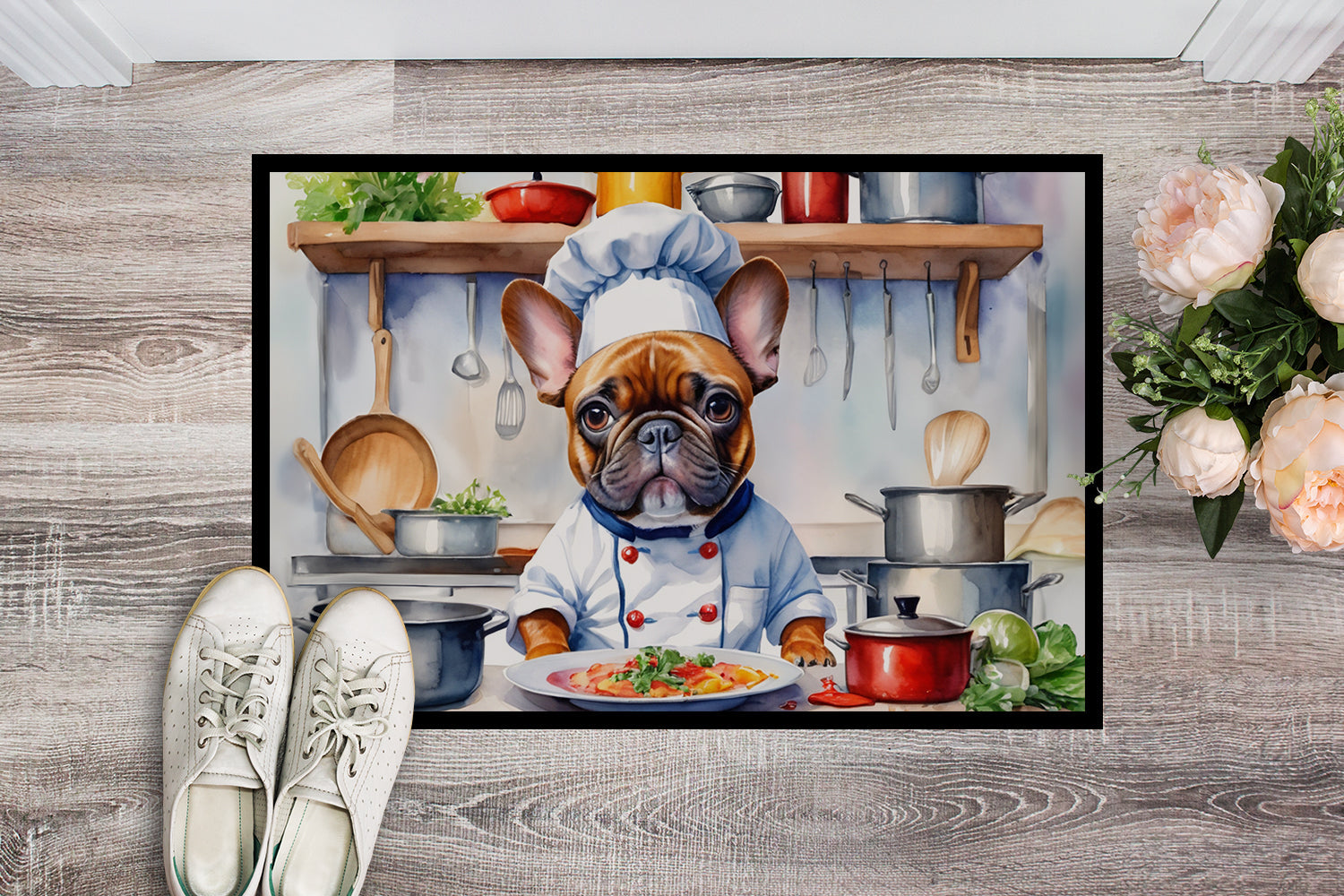 French Bulldog The Chef Doormat Indoor Outdoor 24H X 36W Front Door Mat Rugs for Entryway, Non Slip Washable Low Pile,
