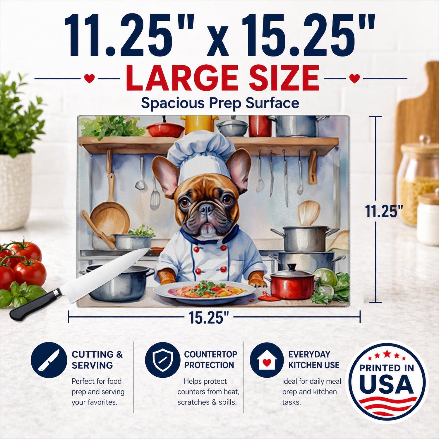 French Bulldog The Chef Cutting Board Tempered Glass Kitchen Cutting Surface, Heat Resistant Chopping, Non-Slip Feet, Food Prep & Serving