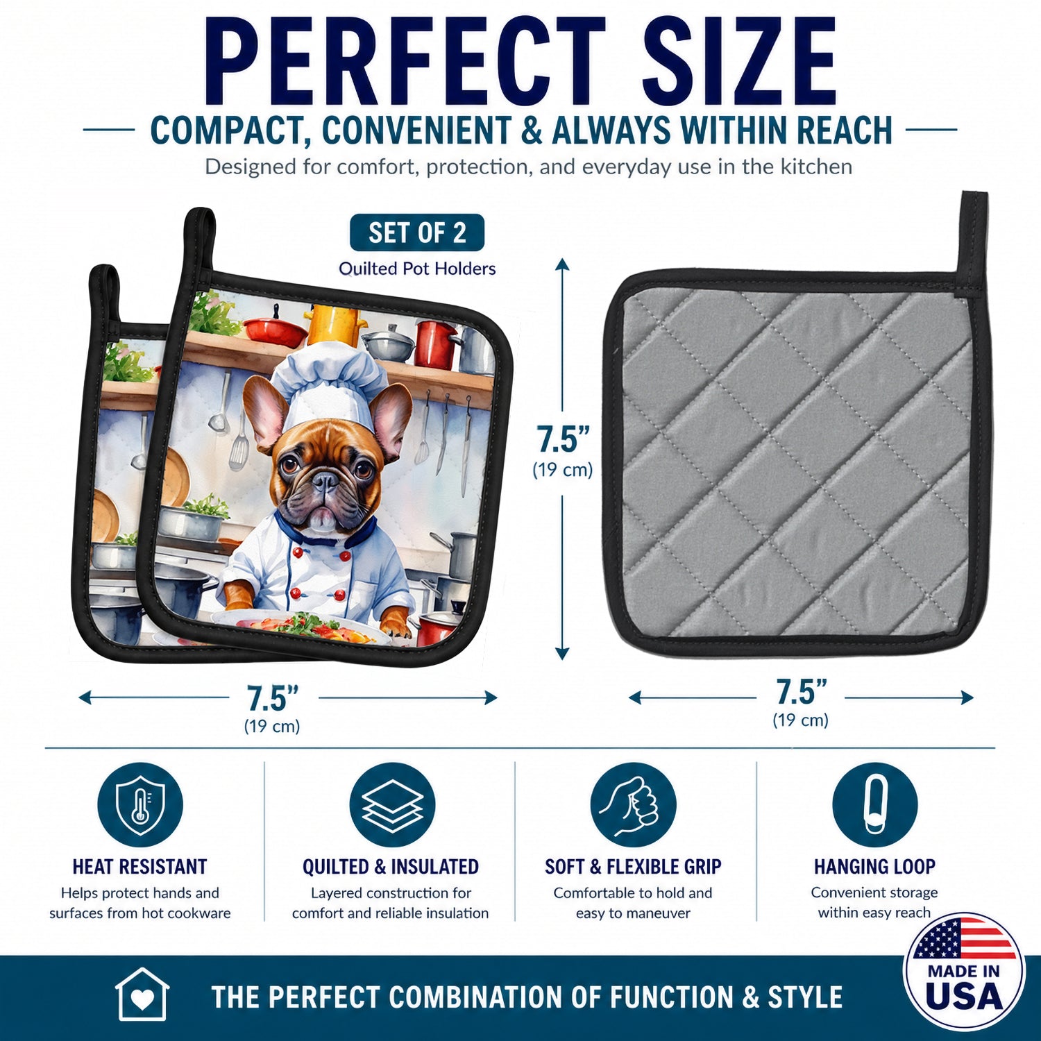 French Bulldog The Chef Pot Holder Set of 2 Heat Resistant Quilted Hot Pads 7.5 x 7.5 Inch, Insulated Kitchen Trivets for Cooking & Baking