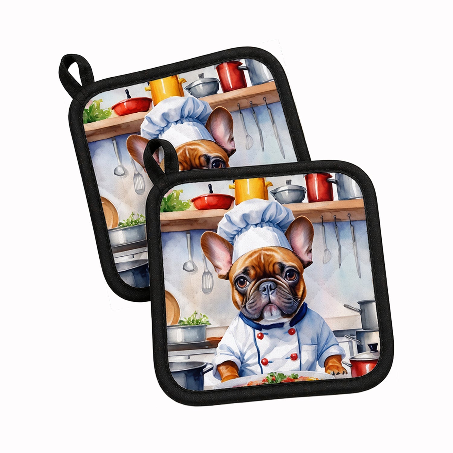 French Bulldog The Chef Pot Holder Set of 2 Heat Resistant Quilted Hot Pads 7.5 x 7.5 Inch, Insulated Kitchen Trivets for Cooking & Baking