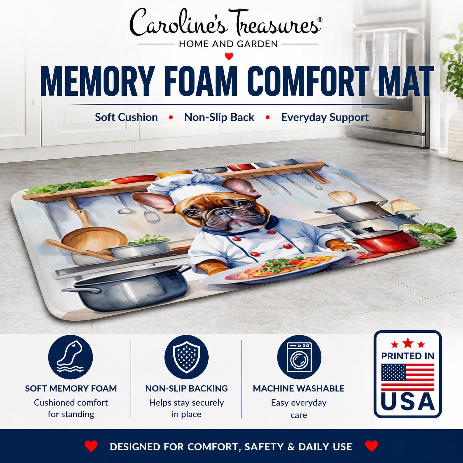 French Bulldog The Chef Memory Foam Kitchen Mat Machine Washable Anti-Fatigue Cushion Comfort Bath or Kitchen Rug