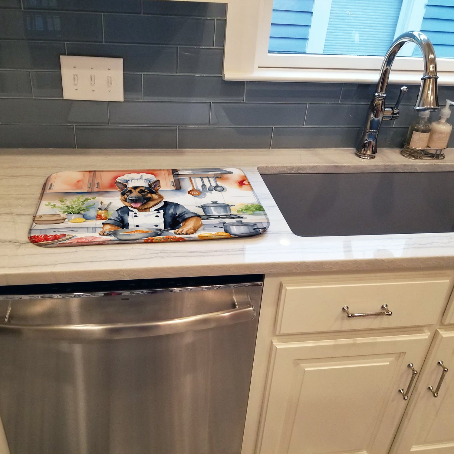 German Shepherd The Chef Dish Drying Mat Absorbent Dish Drying Mat Pad for Kitchen Counter Dish Drainer Mat for Countertop, 14 x 21", Multicolor