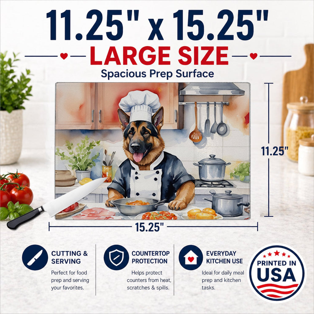 German Shepherd The Chef Cutting Board Tempered Glass Kitchen Cutting Surface, Heat Resistant Chopping, Non-Slip Feet, Food Prep & Serving