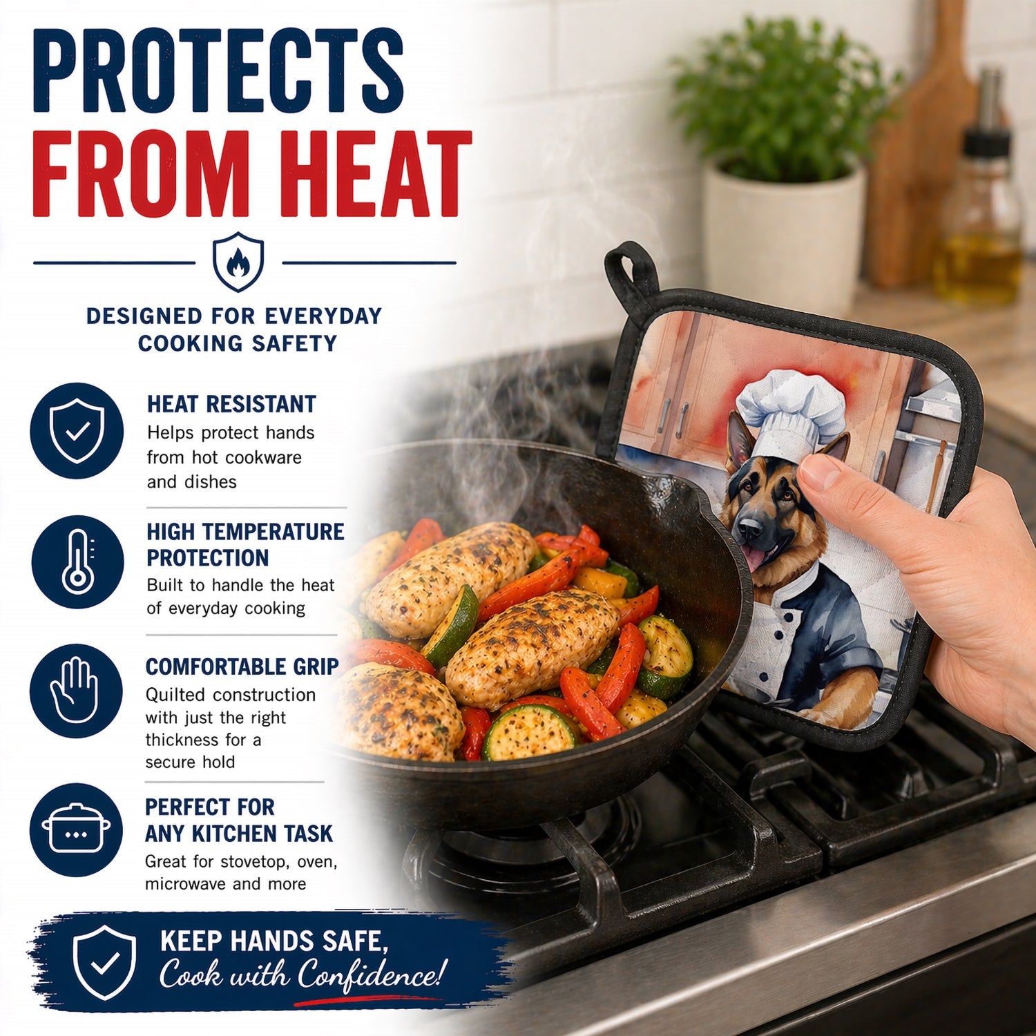 German Shepherd The Chef Pot Holder Set of 2 Heat Resistant Quilted Hot Pads 7.5 x 7.5 Inch, Insulated Kitchen Trivets for Cooking & Baking