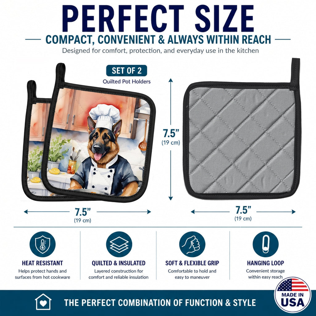 German Shepherd The Chef Pot Holder Set of 2 Heat Resistant Quilted Hot Pads 7.5 x 7.5 Inch, Insulated Kitchen Trivets for Cooking & Baking