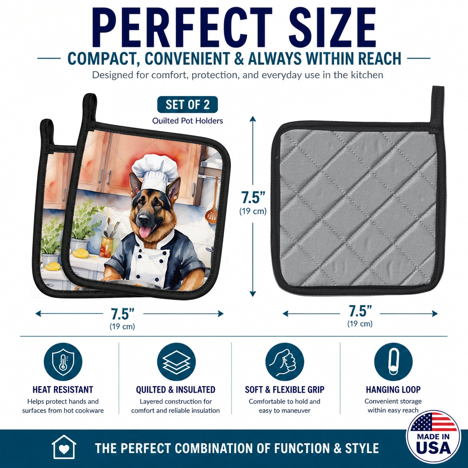 German Shepherd The Chef Pot Holder Set of 2 Heat Resistant Quilted Hot Pads 7.5 x 7.5 Inch, Insulated Kitchen Trivets for Cooking & Baking