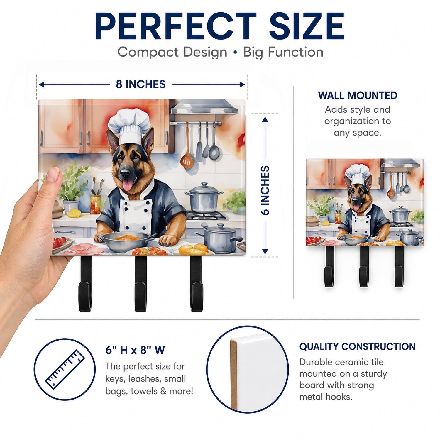German Shepherd The Chef Leash or Key Holder Wall Hooks, Coat Rack Wall Mount, for Hanging Keys, Towels, Aprons, Leashes