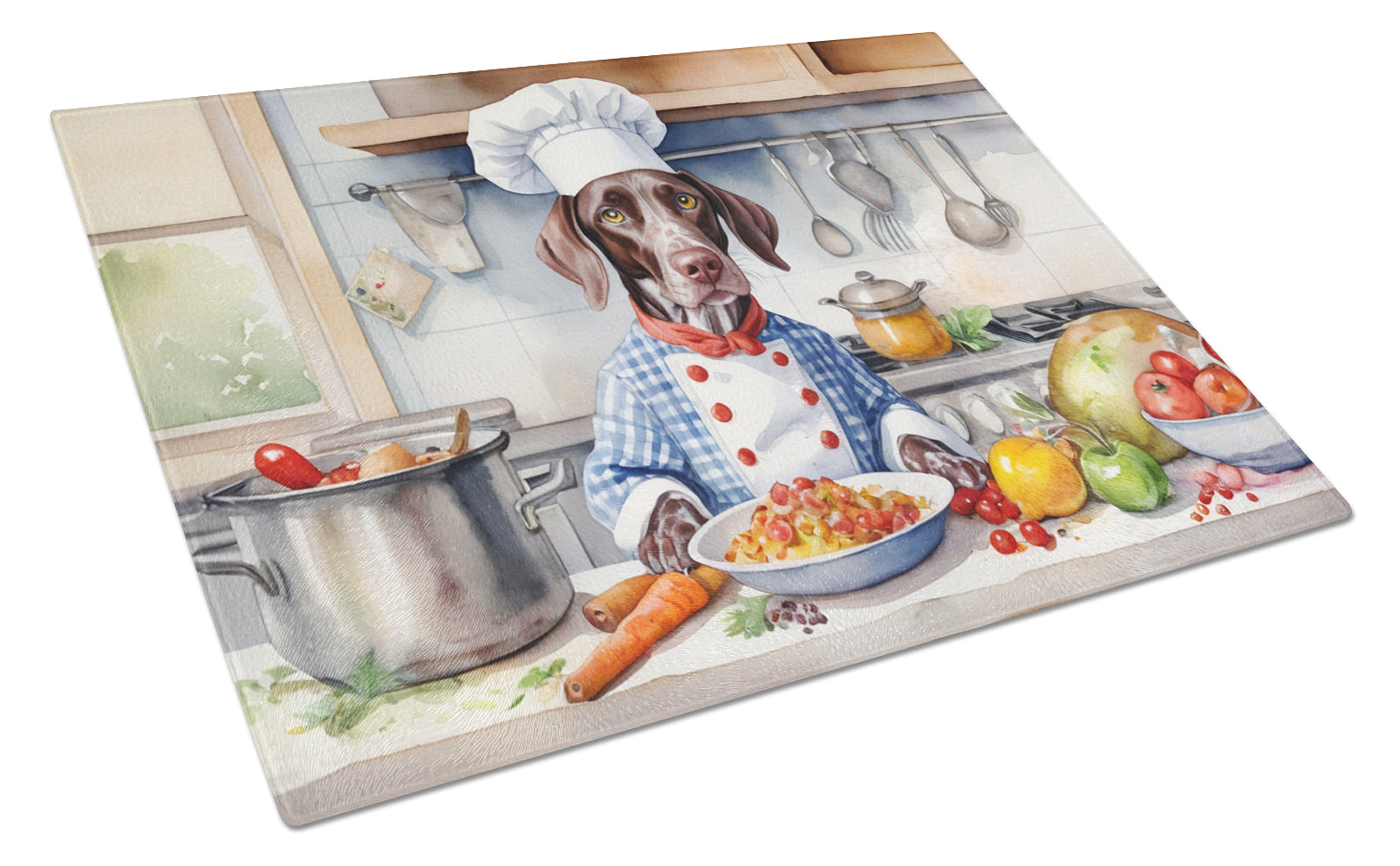 German Shorthaired Pointer The Chef Cutting Board Tempered Glass Kitchen Cutting Surface, Heat Resistant Chopping, Non-Slip Feet, Food Prep & Serving