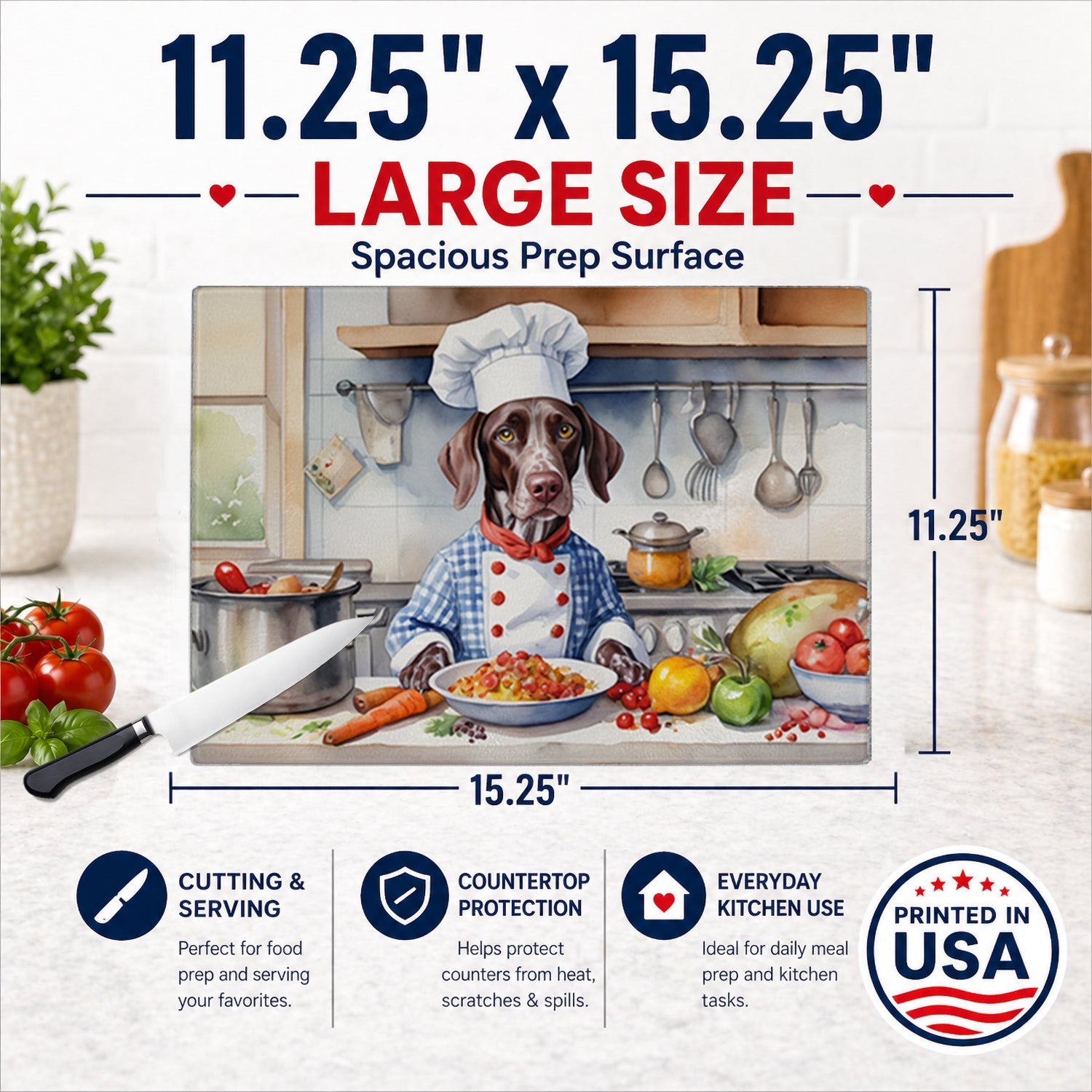 German Shorthaired Pointer The Chef Cutting Board Tempered Glass Kitchen Cutting Surface, Heat Resistant Chopping, Non-Slip Feet, Food Prep & Serving