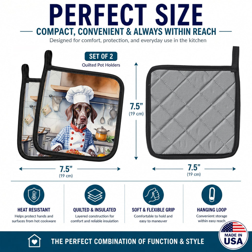 German Shorthaired Pointer The Chef Pot Holder Set of 2 Heat Resistant Quilted Hot Pads 7.5 x 7.5 Inch, Insulated Kitchen Trivets for Cooking & Baking