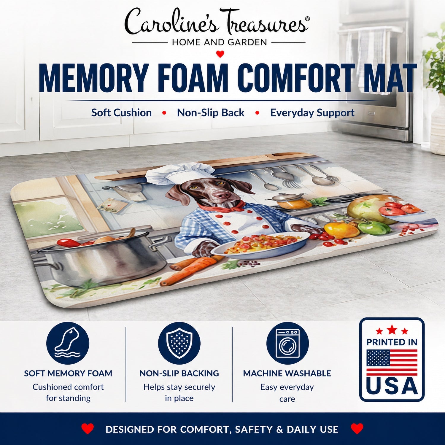 German Shorthaired Pointer The Chef Memory Foam Kitchen Mat Machine Washable Anti-Fatigue Cushion Comfort Bath or Kitchen Rug