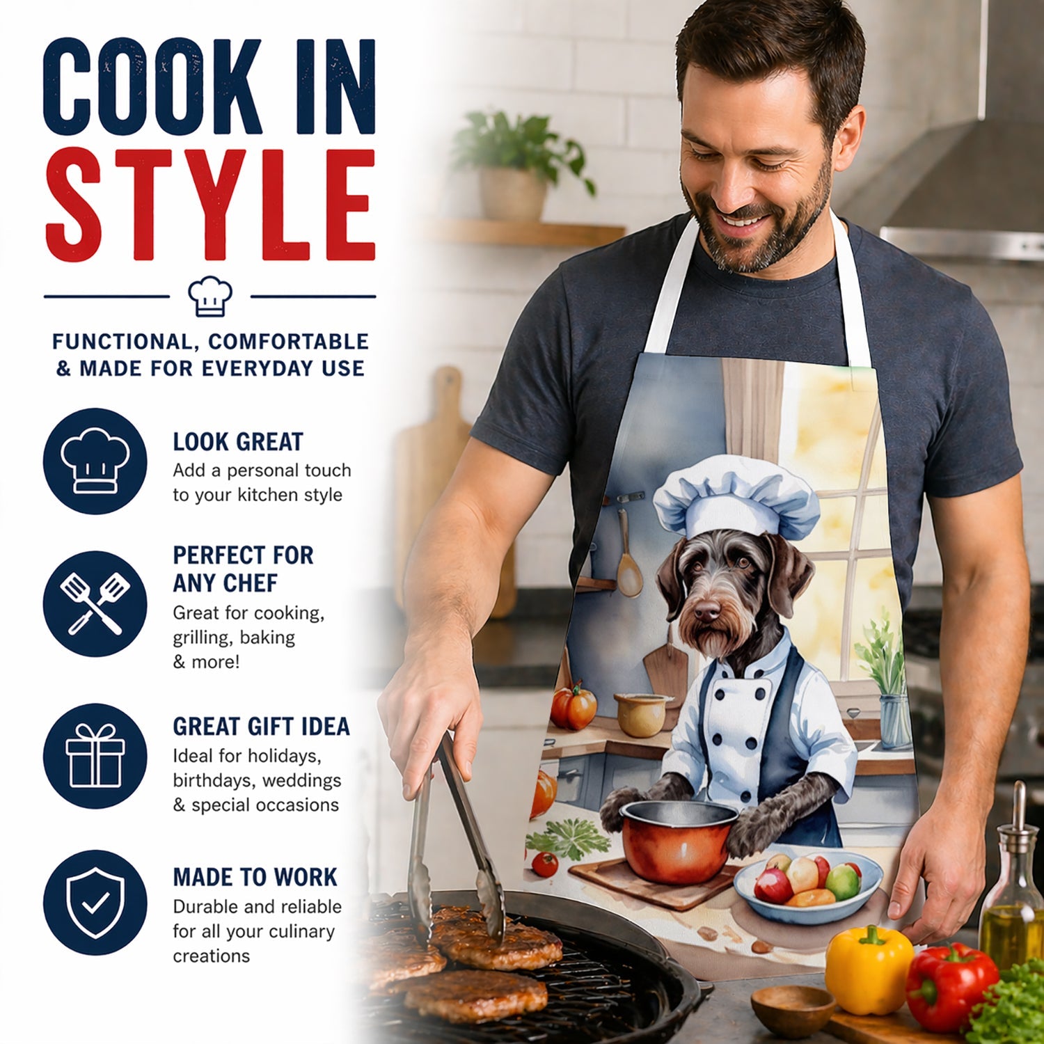 German Wirehaired Pointer The Chef Apron Cooking Kitchen Server Baking Crafts Gardening for Adult Women Men, Unisex, Large, Multicolor