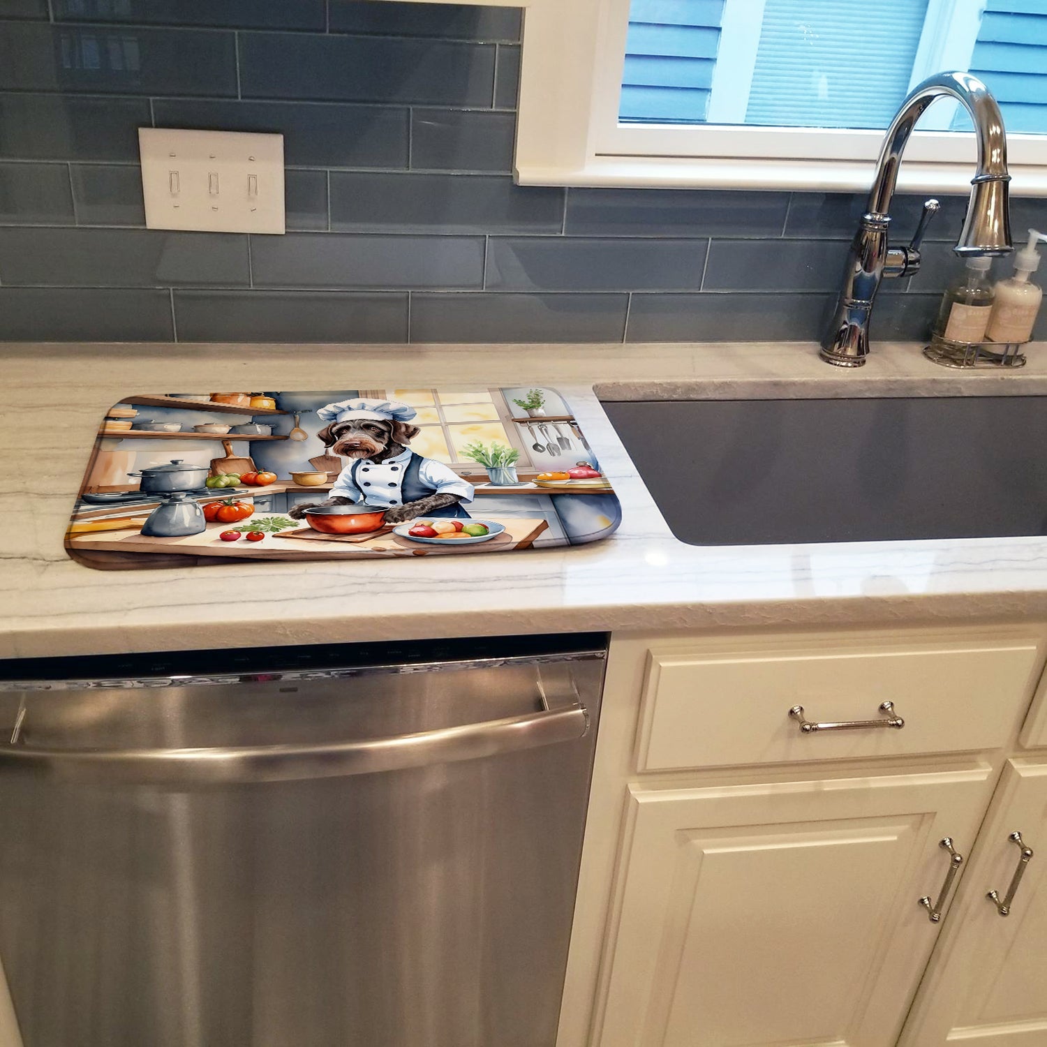 German Wirehaired Pointer The Chef Dish Drying Mat Absorbent Dish Drying Mat Pad for Kitchen Counter Dish Drainer Mat for Countertop, 14 x 21", Multicolor
